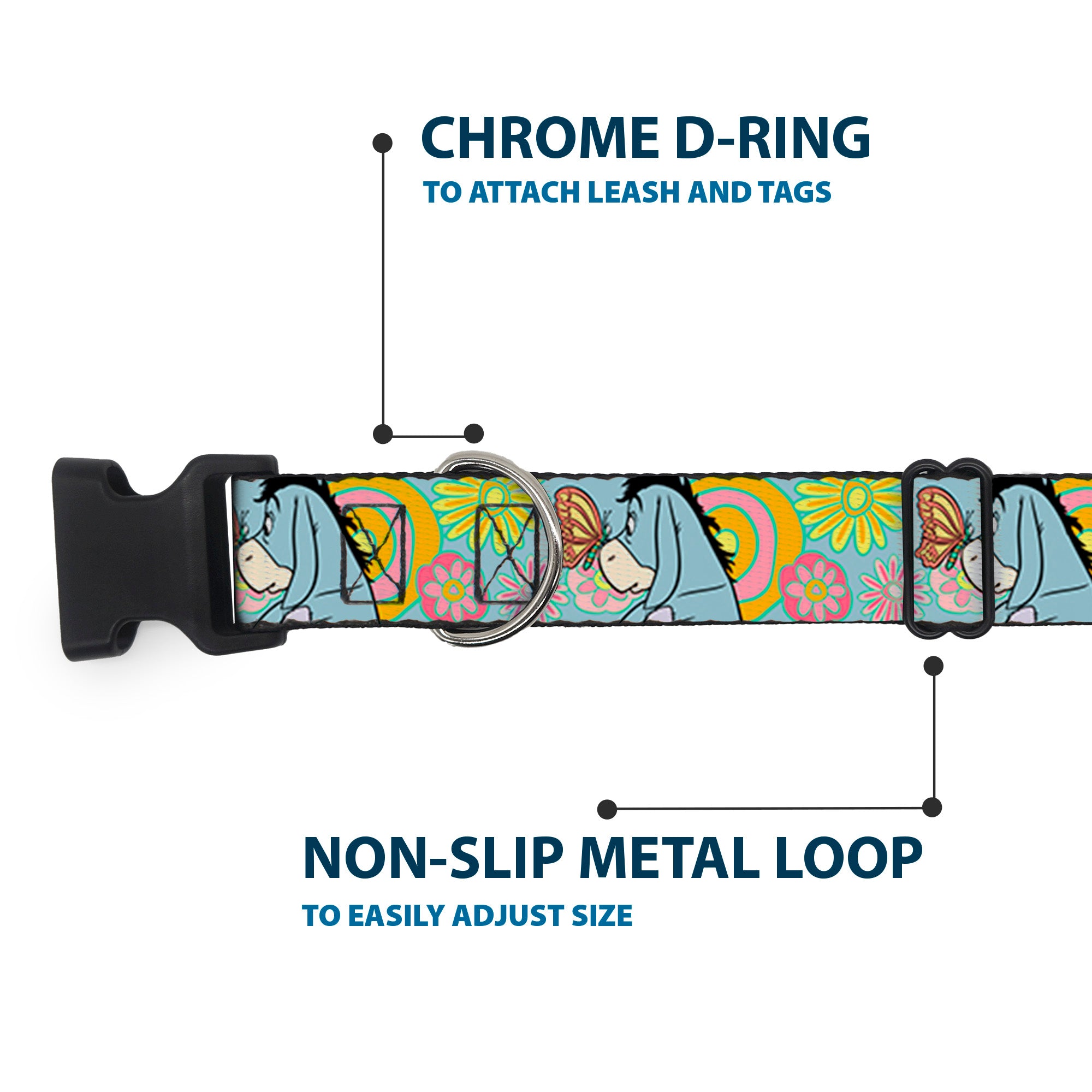 Plastic Clip Collar - Winnie the Pooh Eeyore Butterfly Pose Floral Collage Blue/Pinks/Yellows Plastic Clip Collars Disney