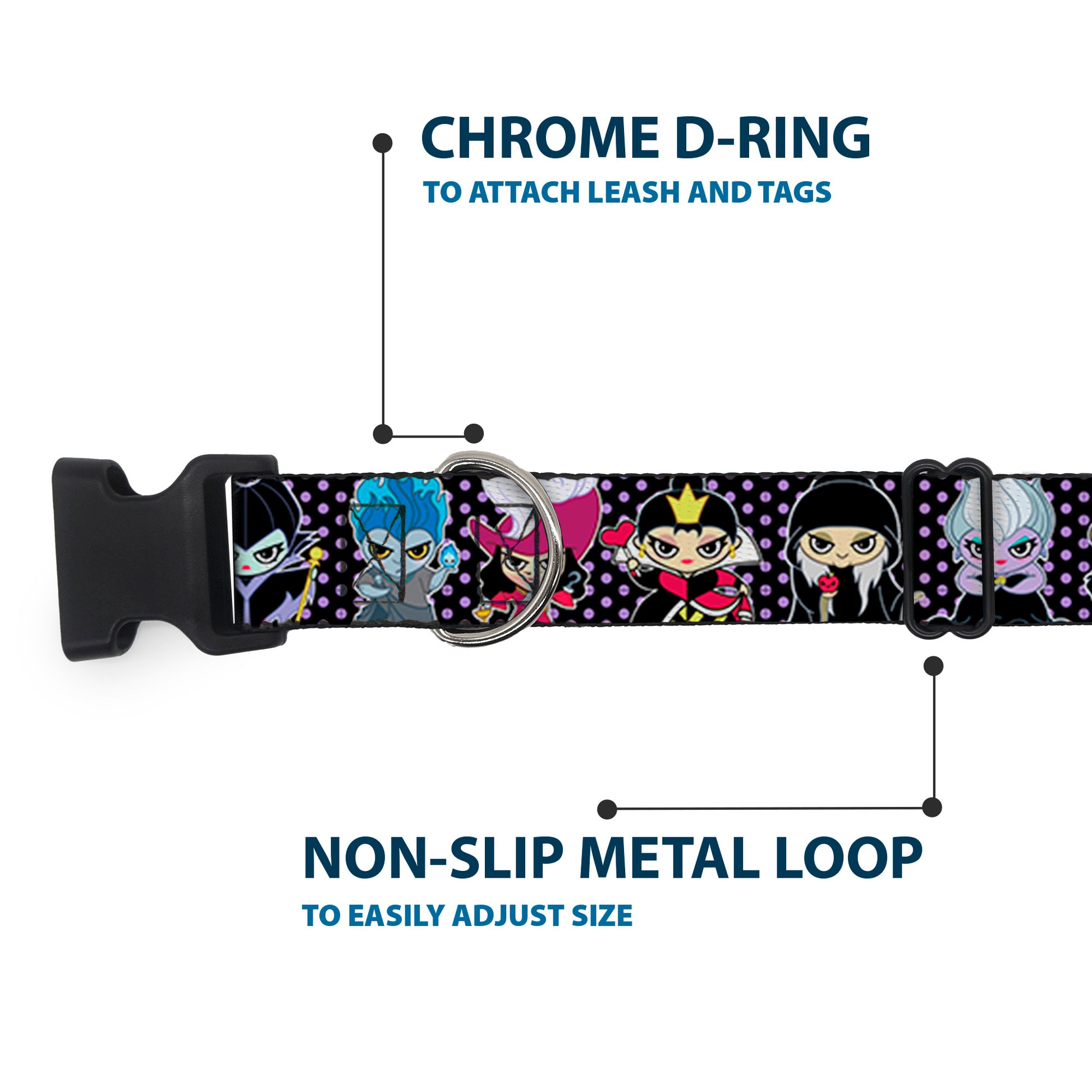 Plastic Clip Collar - Disney 11-Sweet Chibi Villain Poses Polka Dot Black/Lavender Plastic Clip Collars Disney