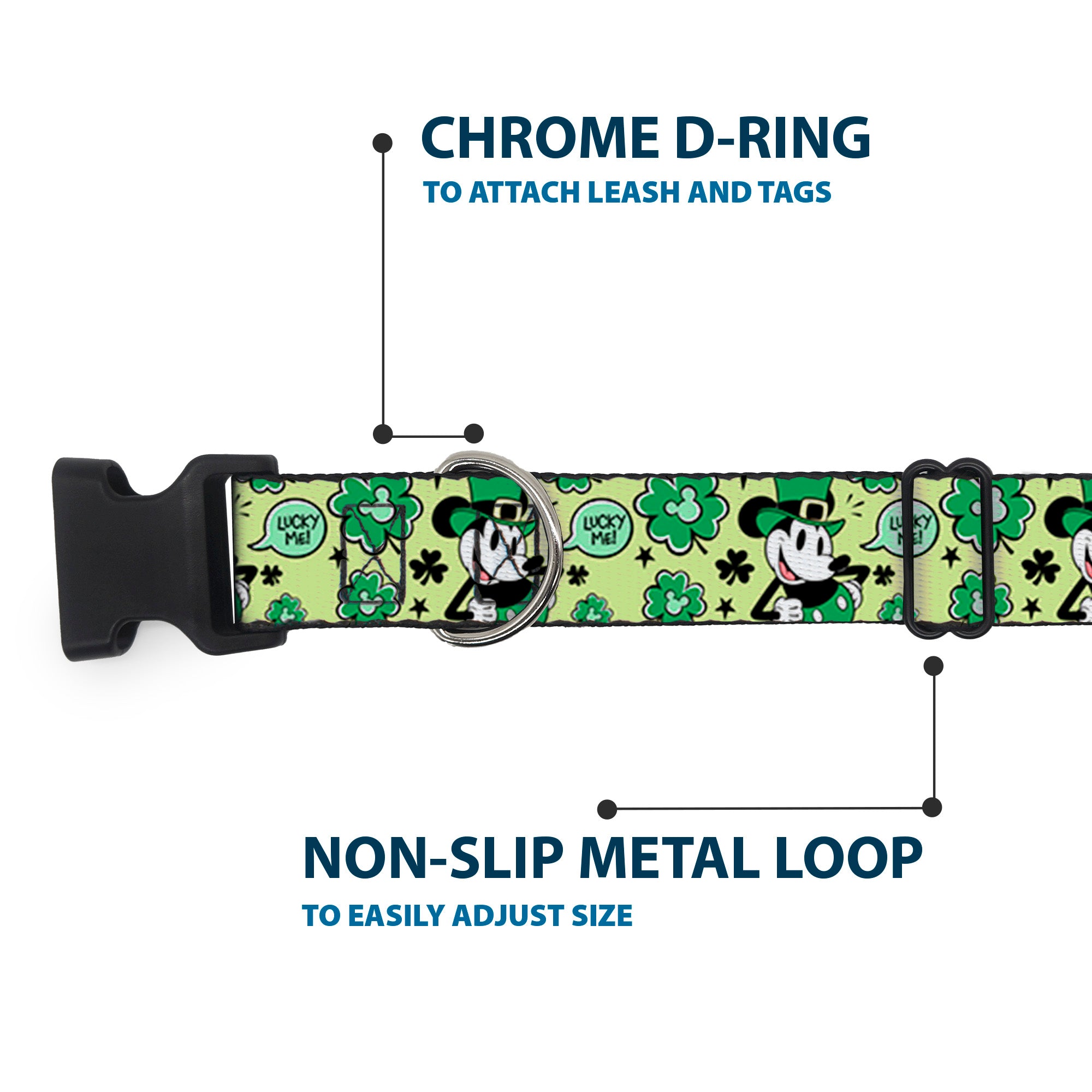 Plastic Clip Collar - Mickey Mouse St. Patrick's Day LUCKY ME Leprechaun Pose and Shamrocks Greens Plastic Clip Collars Disney