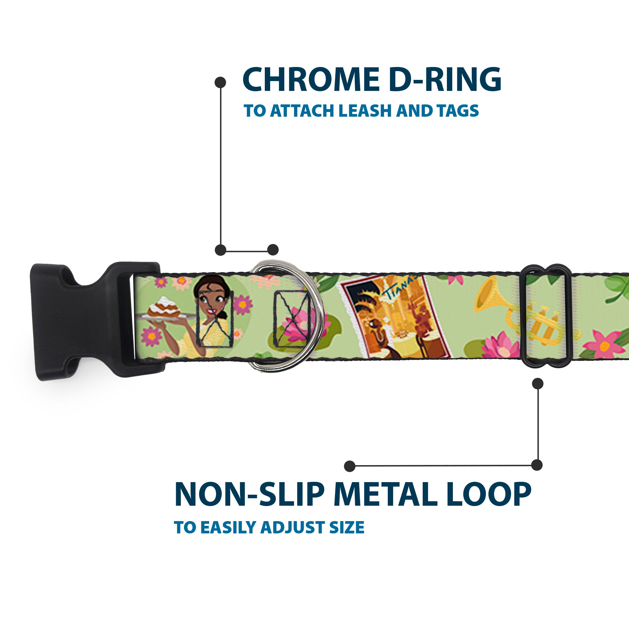 Plastic Clip Collar - The Princess and the Frog Tiana's Place Collage Greens/Pinks Plastic Clip Collars Disney