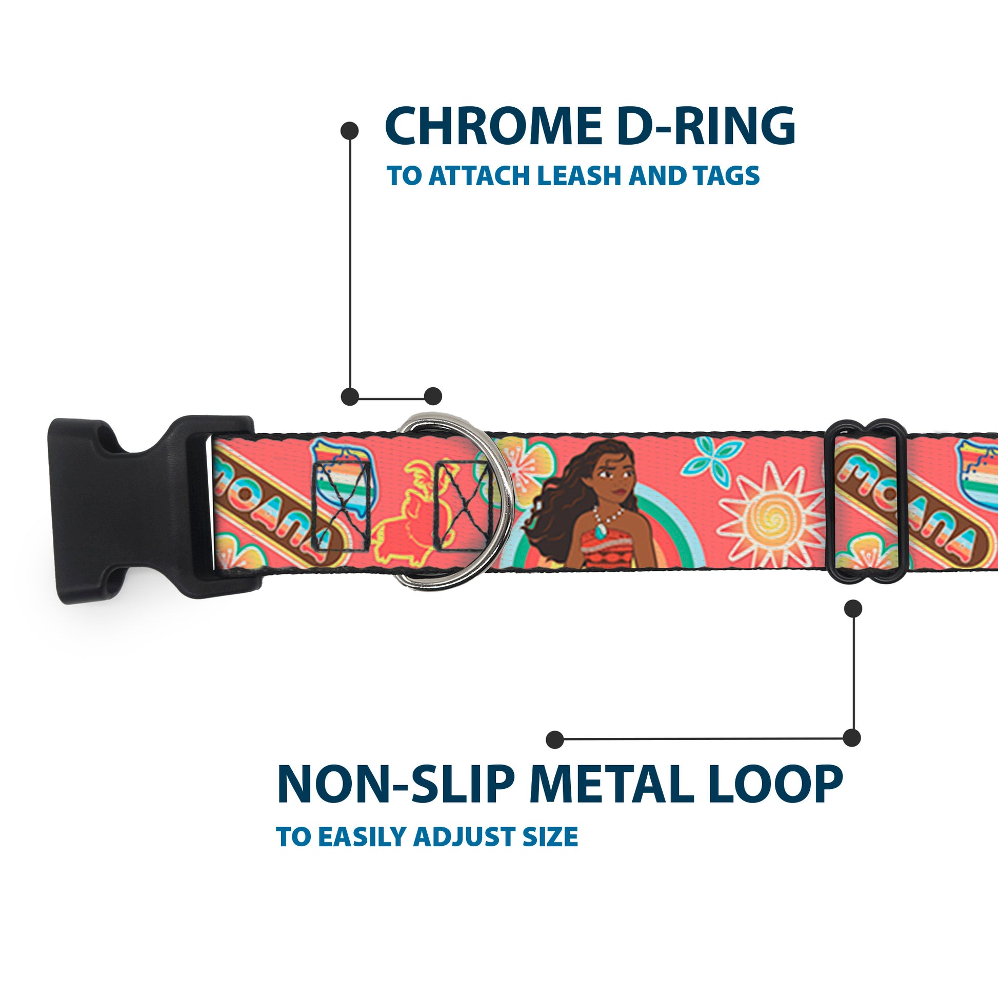 Plastic Clip Collar - Moana Pose and Icons Collage Pink Plastic Clip Collars Disney