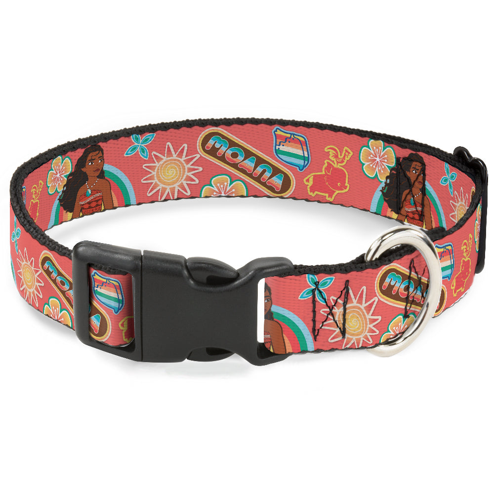 Plastic Clip Collar - Moana Pose and Icons Collage Pink Plastic Clip Collars Disney
