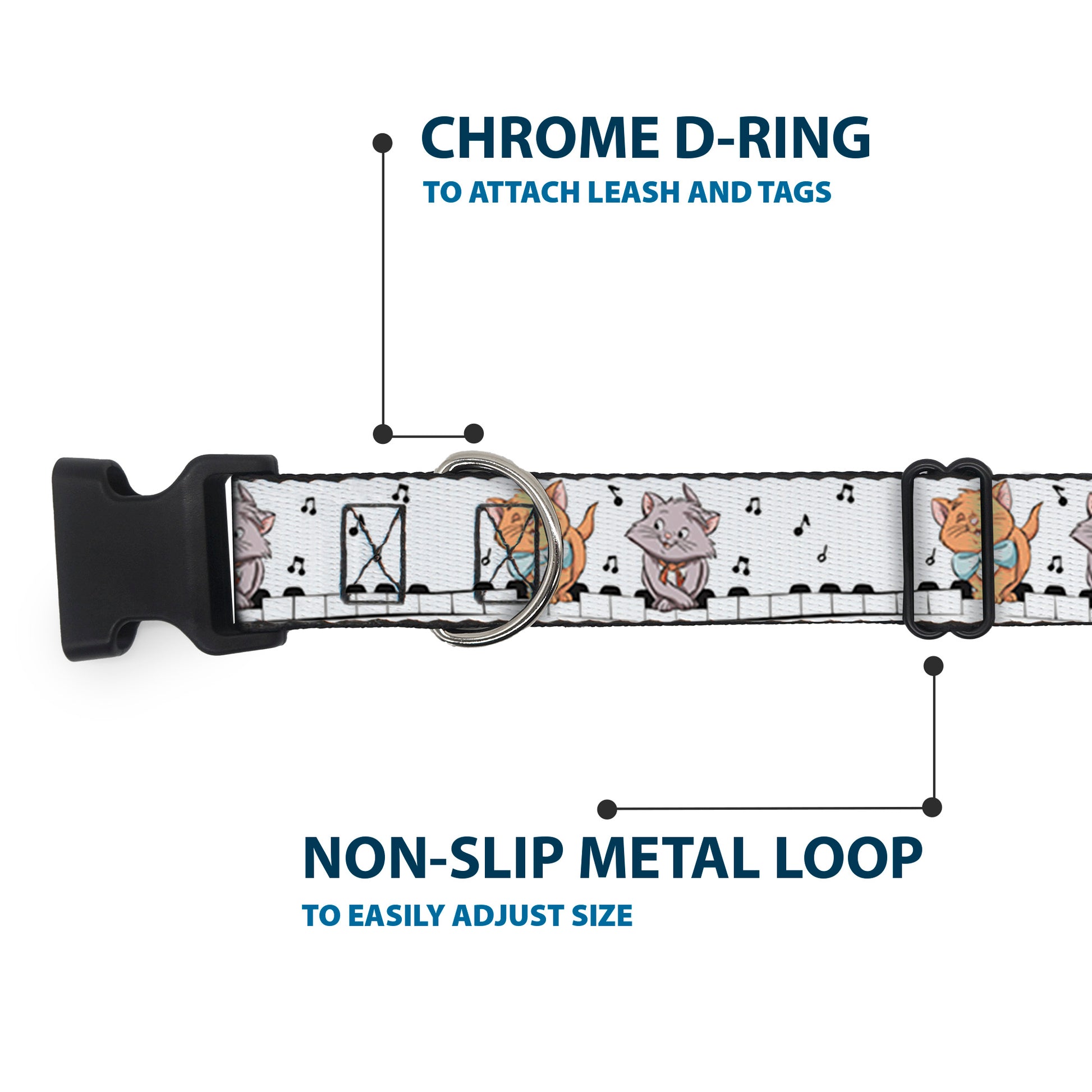 Plastic Clip Collar - Aristocats Toulouse and Berlioz Piano Pose and Musical Notes White/Black Plastic Clip Collars Disney