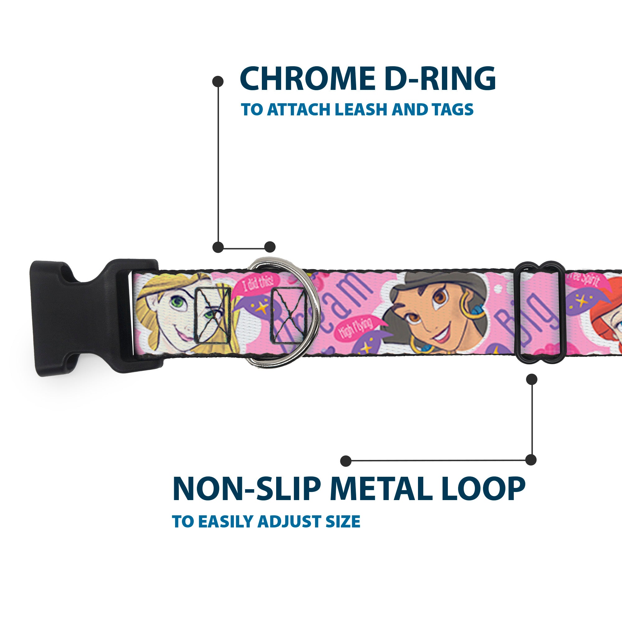 Plastic Clip Collar - Disney DREAM BIG PRINCESS Faces Pinks/Purples Plastic Clip Collars Disney