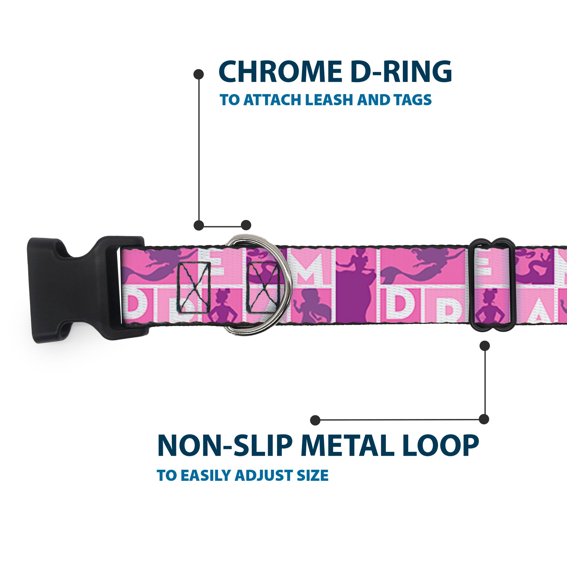 Plastic Clip Collar - Disney DREAM Princess Silhouette Poses Pinks/White Plastic Clip Collars Disney