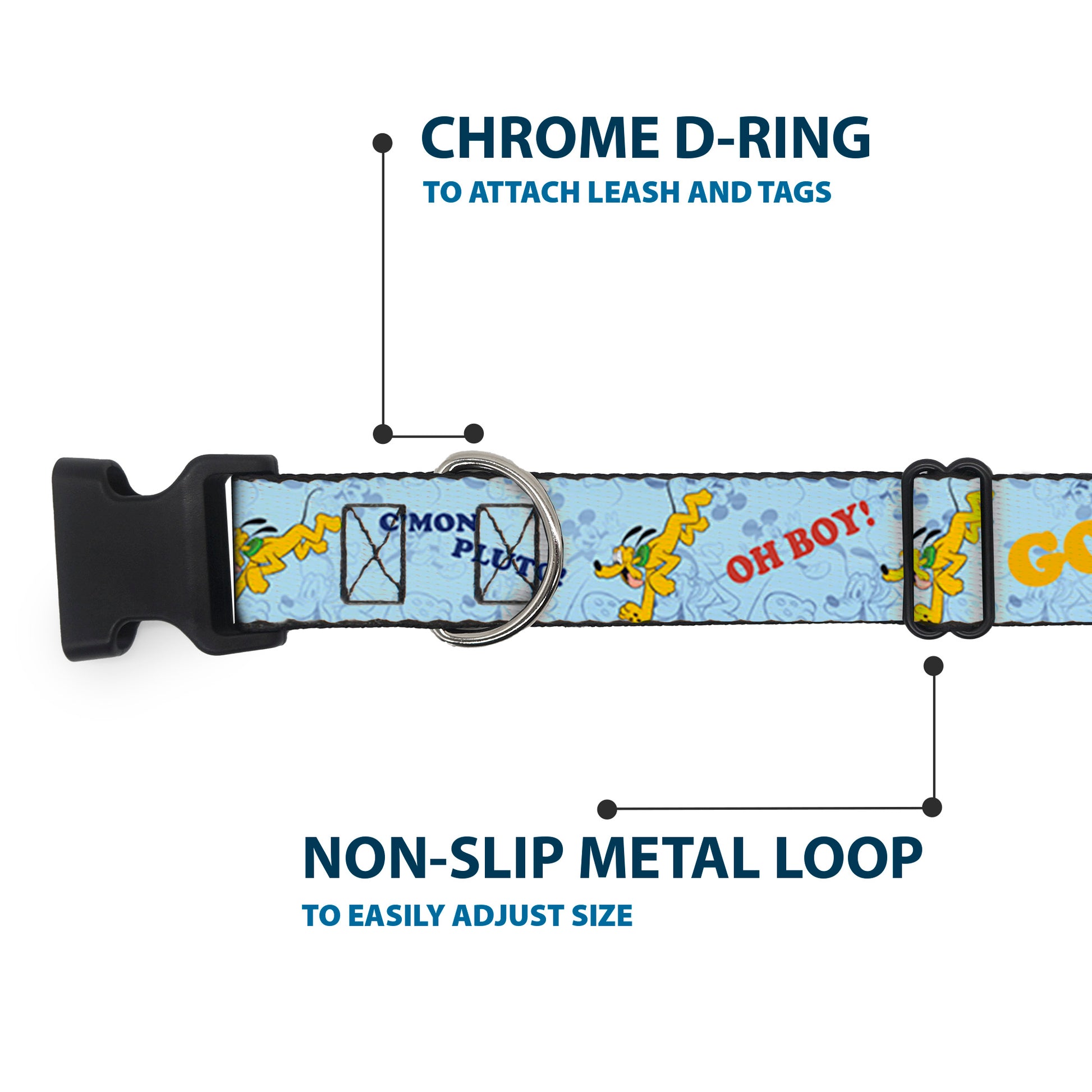 Plastic Clip Collar - Disney Pluto Poses and Quotes Blues/Red/Yellow Plastic Clip Collars Disney