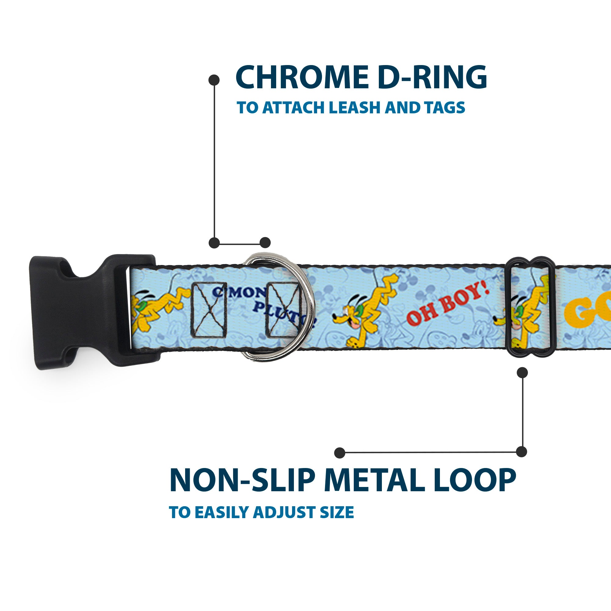 Plastic Clip Collar - Disney Pluto Poses and Quotes Blues/Red/Yellow Plastic Clip Collars Disney