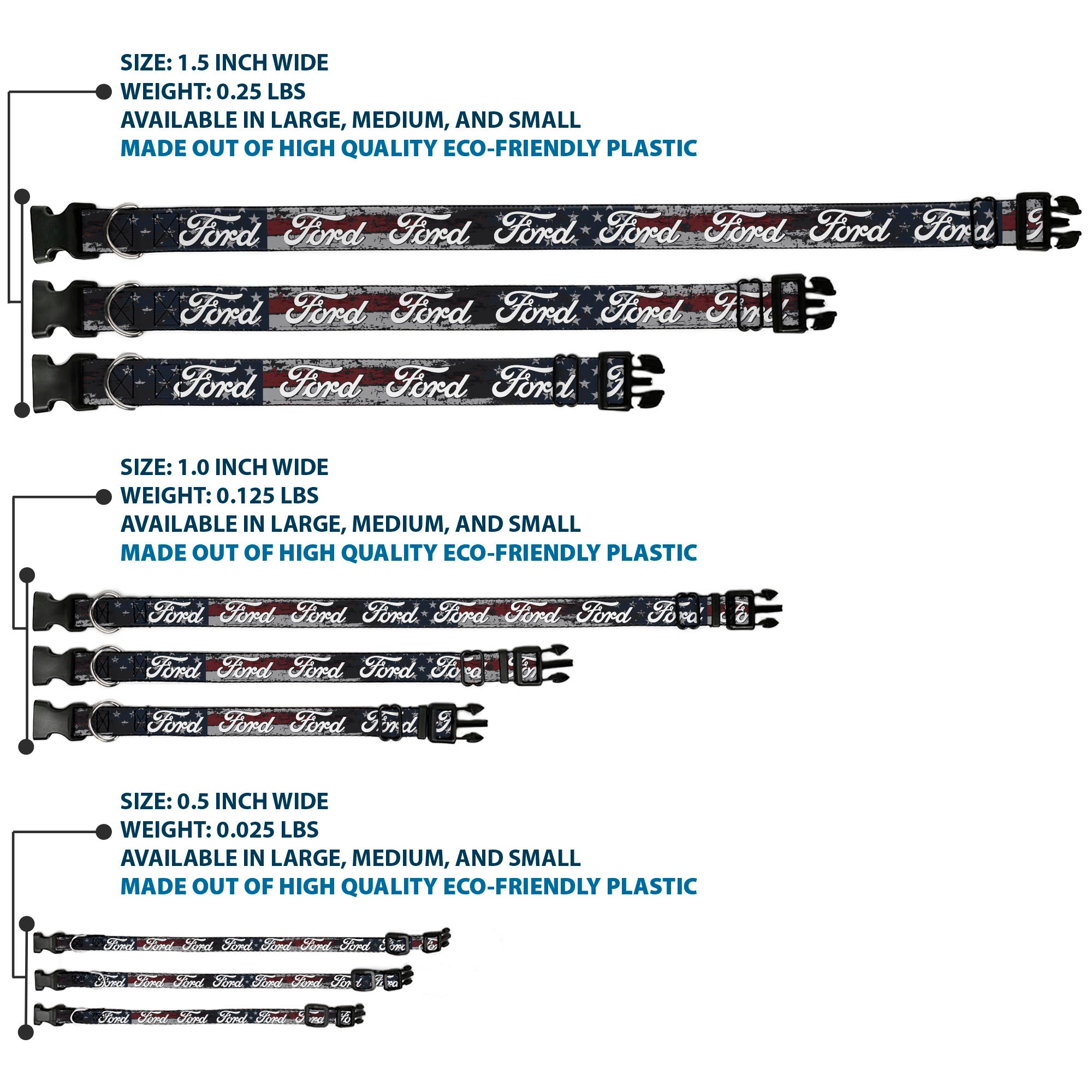 Plastic Clip Collar - FORD Script Stars and Stripes Americana Weathered Plastic Clip Collars Ford