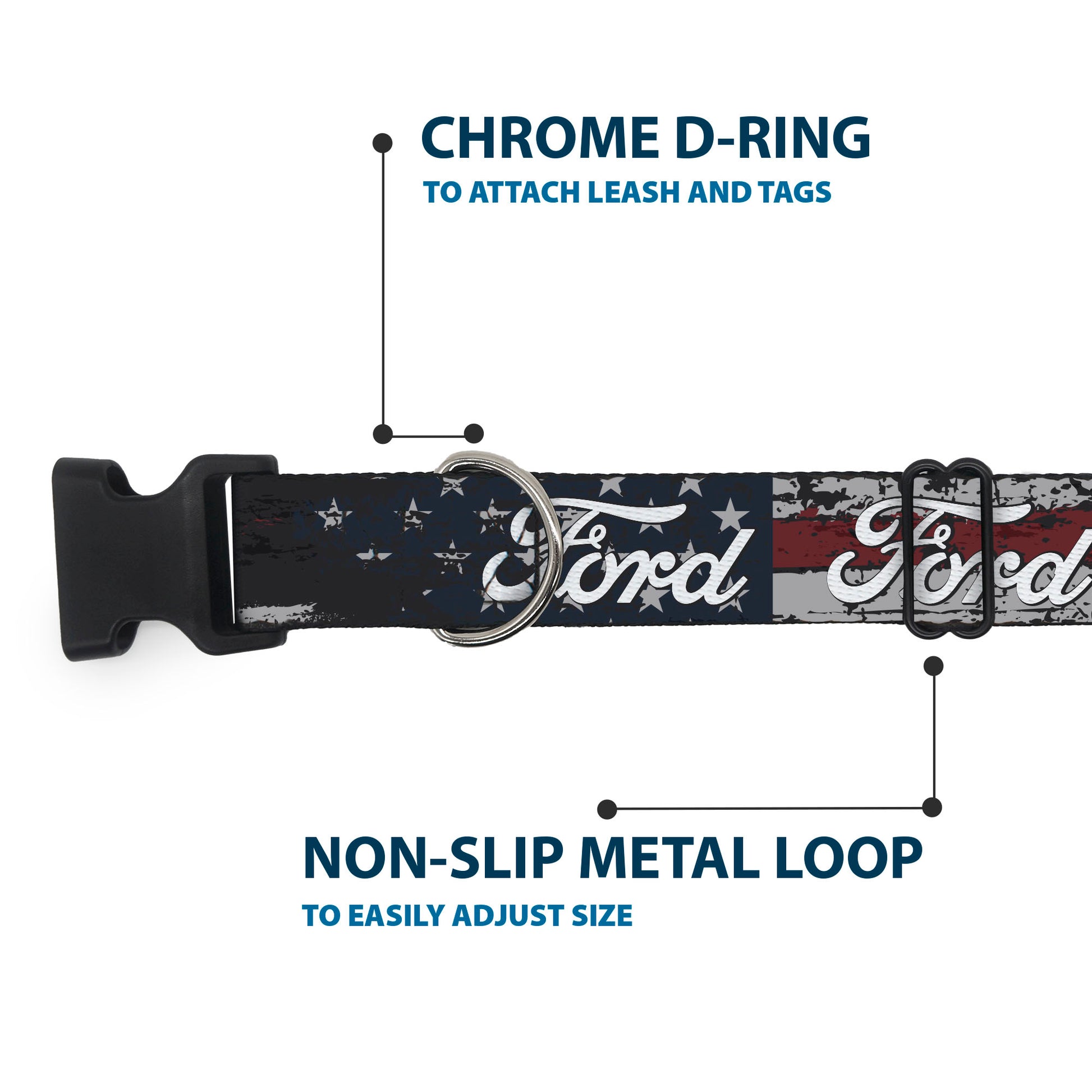 Plastic Clip Collar - FORD Script Stars and Stripes Americana Weathered Plastic Clip Collars Ford