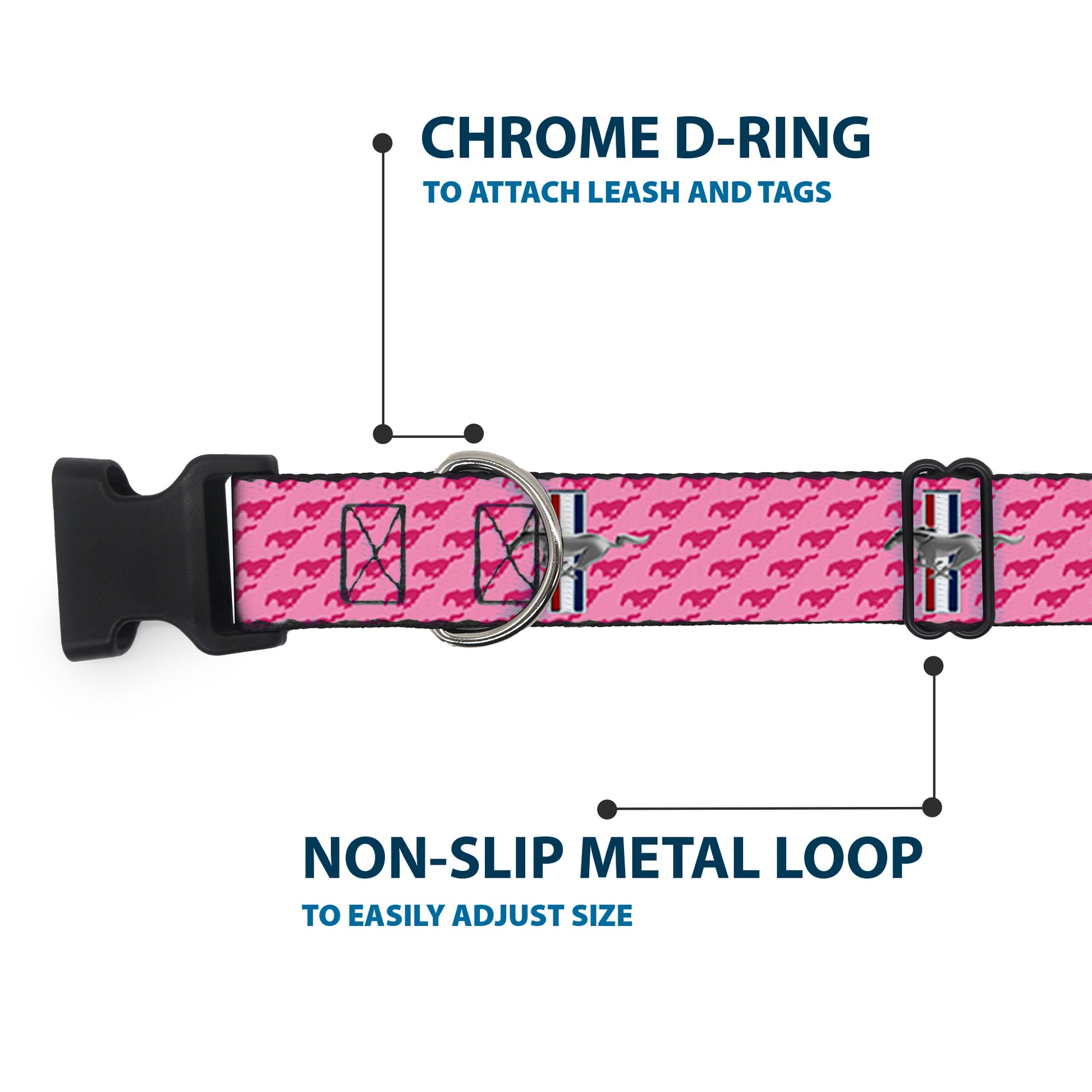 Plastic Clip Collar - Ford Mustang w/Bars w/Text PINK LOGO REPEAT Plastic Clip Collars Ford