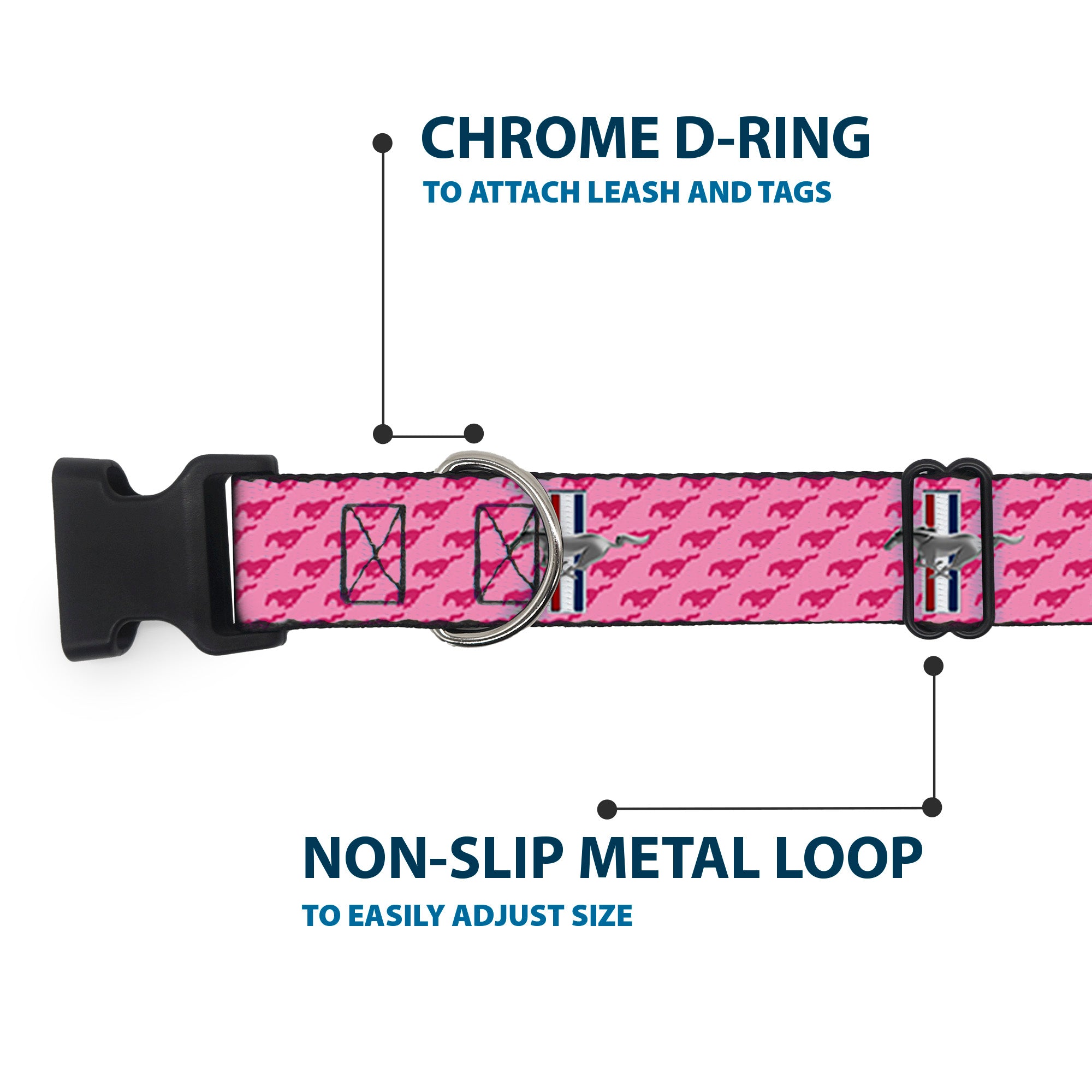 Plastic Clip Collar - Ford Mustang w/Bars w/Text PINK LOGO REPEAT Plastic Clip Collars Ford