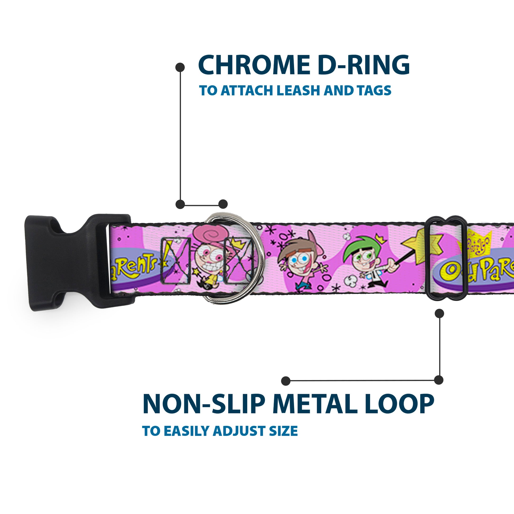 Plastic Clip Collar - THE FAIRLY ODDPARENTS Timmy with Cosmo and Wanda Group Pose Pinks Plastic Clip Collars The Fairly OddParents