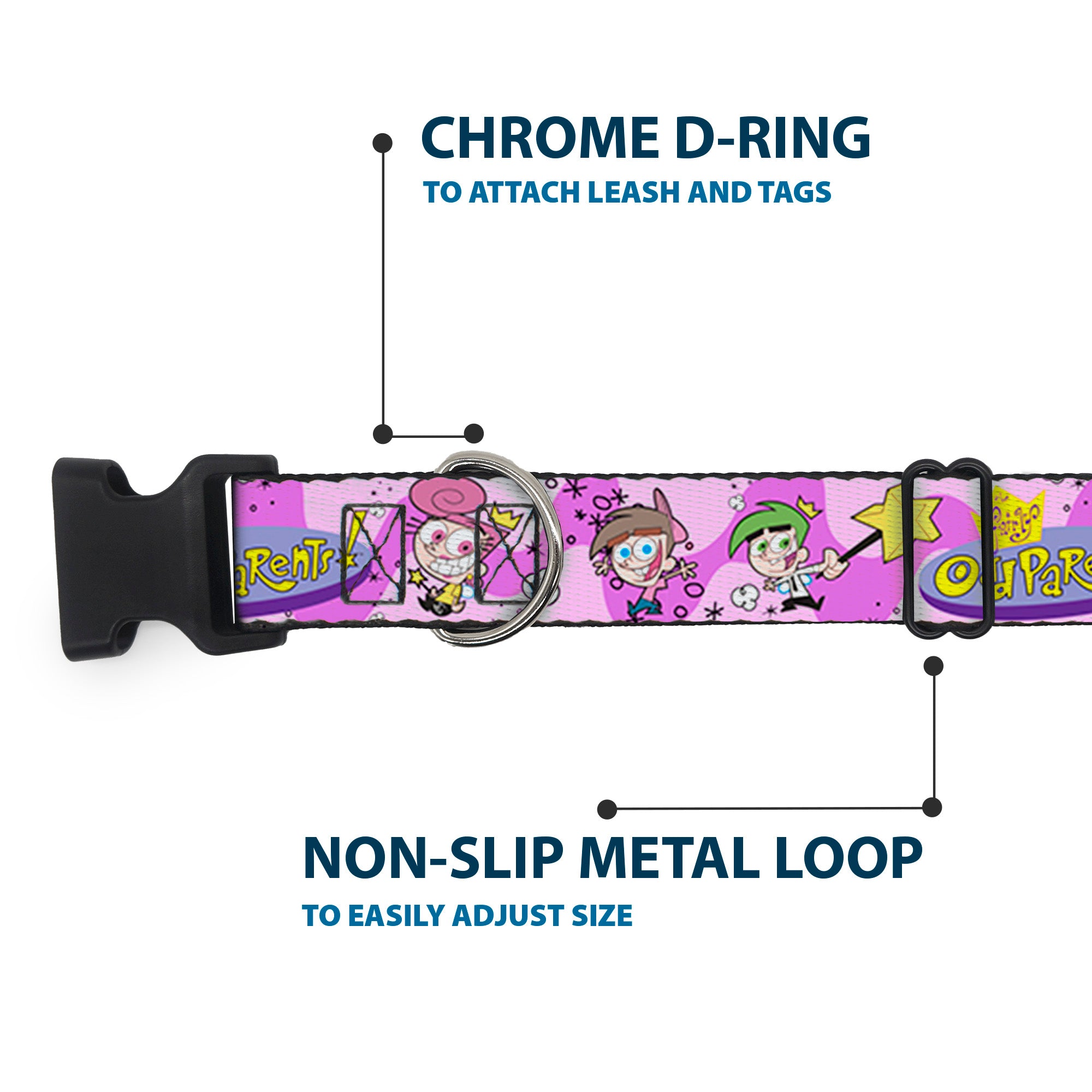Plastic Clip Collar - THE FAIRLY ODDPARENTS Timmy with Cosmo and Wanda Group Pose Pinks Plastic Clip Collars The Fairly OddParents