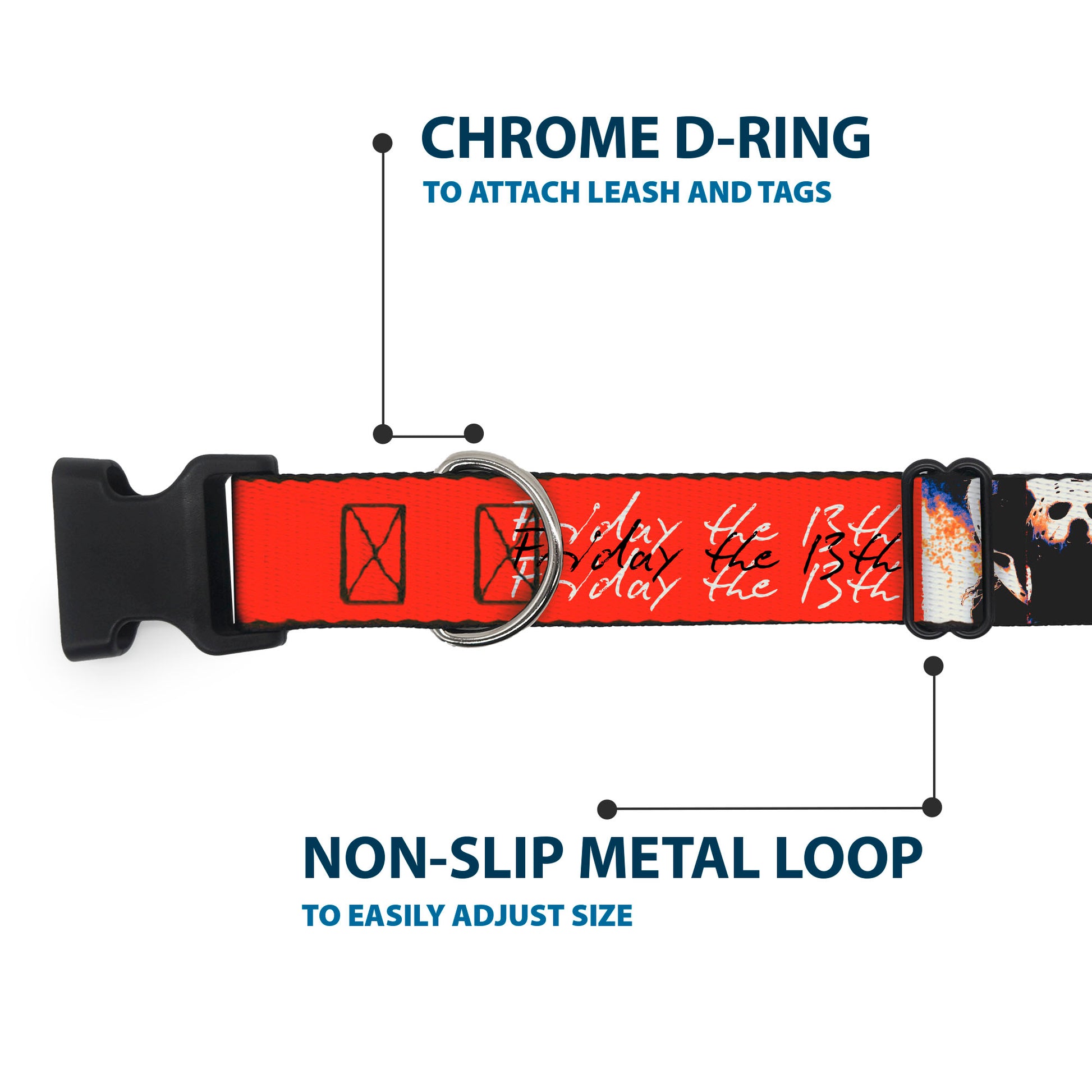Plastic Clip Collar - FRIDAY THE 13TH Jason Mask and Script Blocks Red/Black/White Plastic Clip Collars Friday the 13th