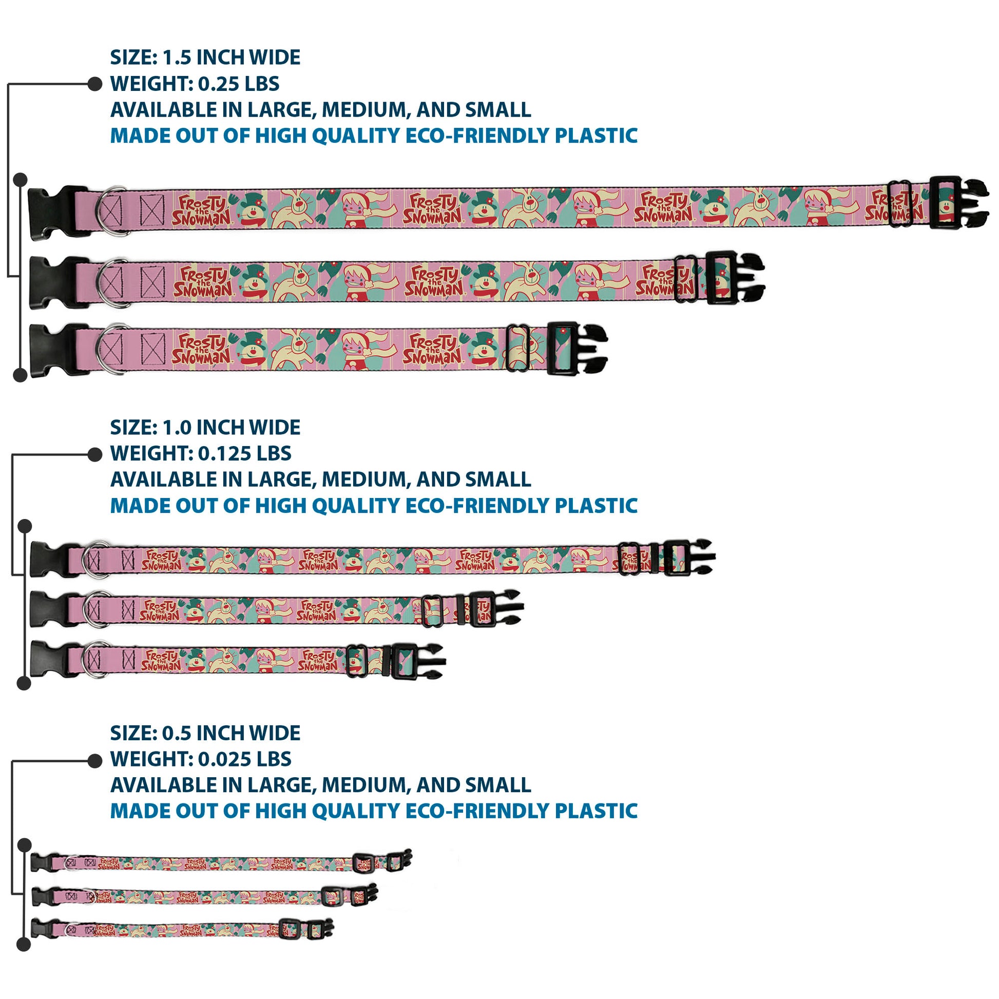 Plastic Clip Collar - FROSTY THE SNOWMAN Pose and Title Logo with Karen and Hocus Pocus Pinks/Blues Plastic Clip Collars Frosty the Snowman