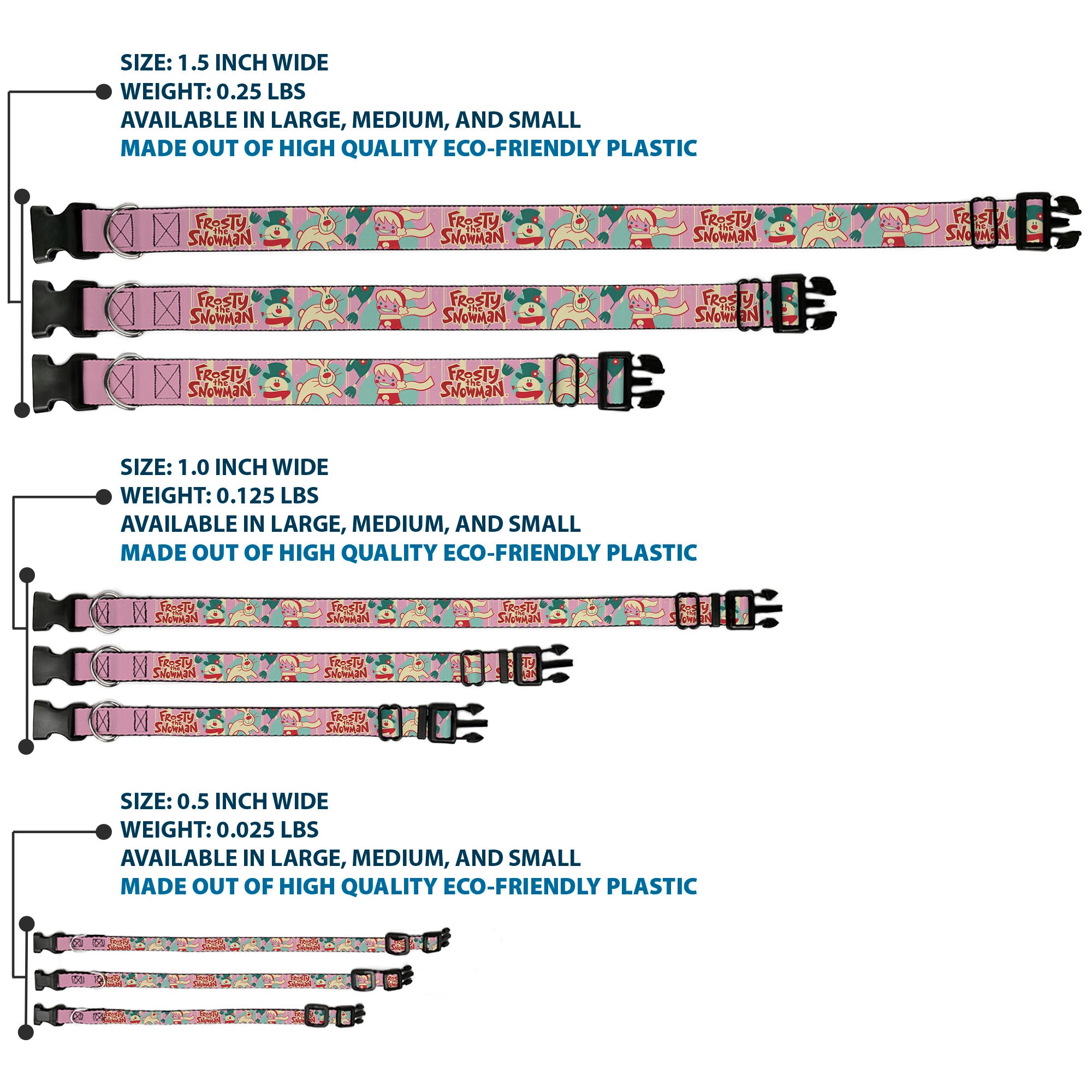 Plastic Clip Collar - FROSTY THE SNOWMAN Pose and Title Logo with Karen and Hocus Pocus Pinks/Blues Plastic Clip Collars Frosty the Snowman