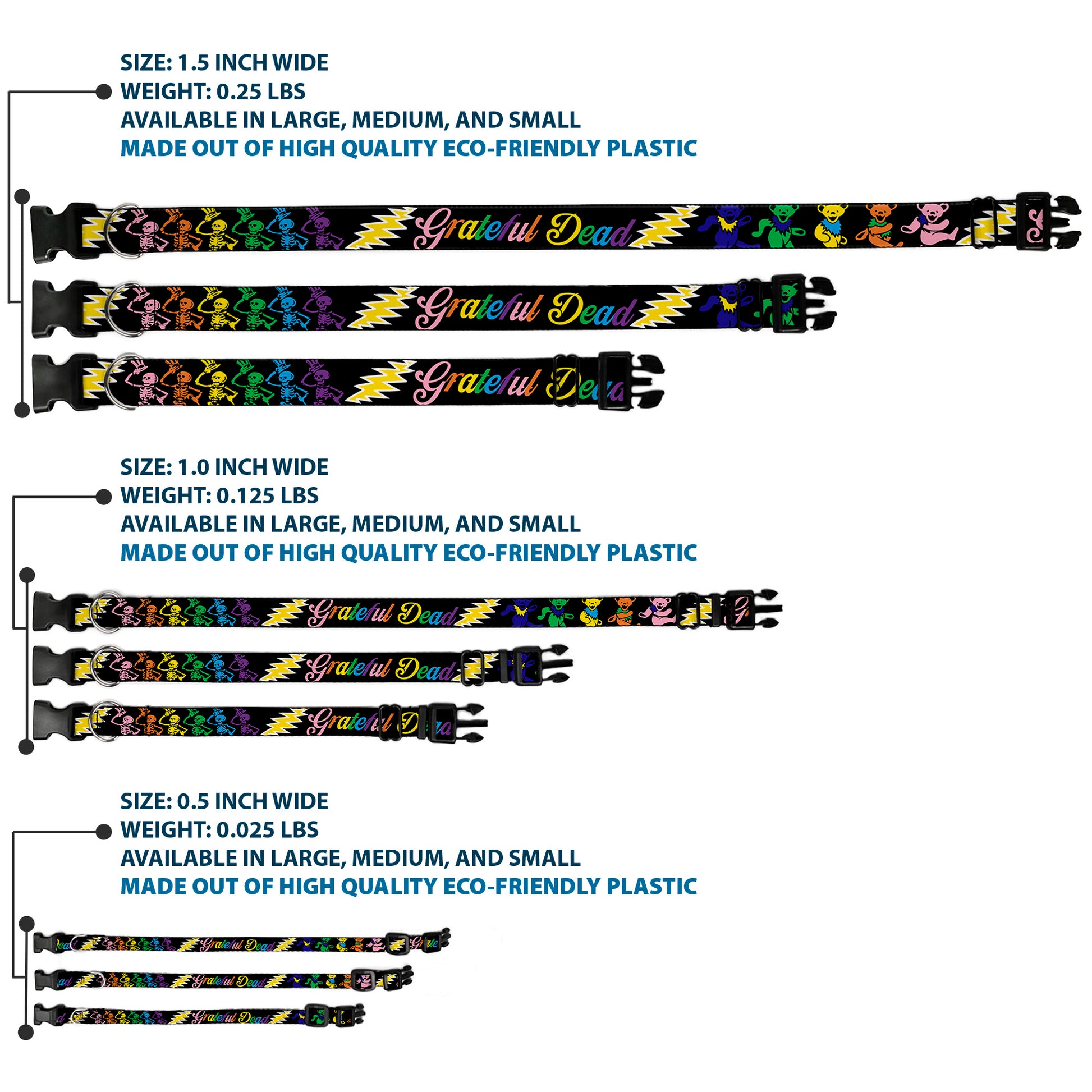 Plastic Clip Collar - Grateful Dead Script w/Bears & Skeletons Black/Multi Color Plastic Clip Collars Grateful Dead