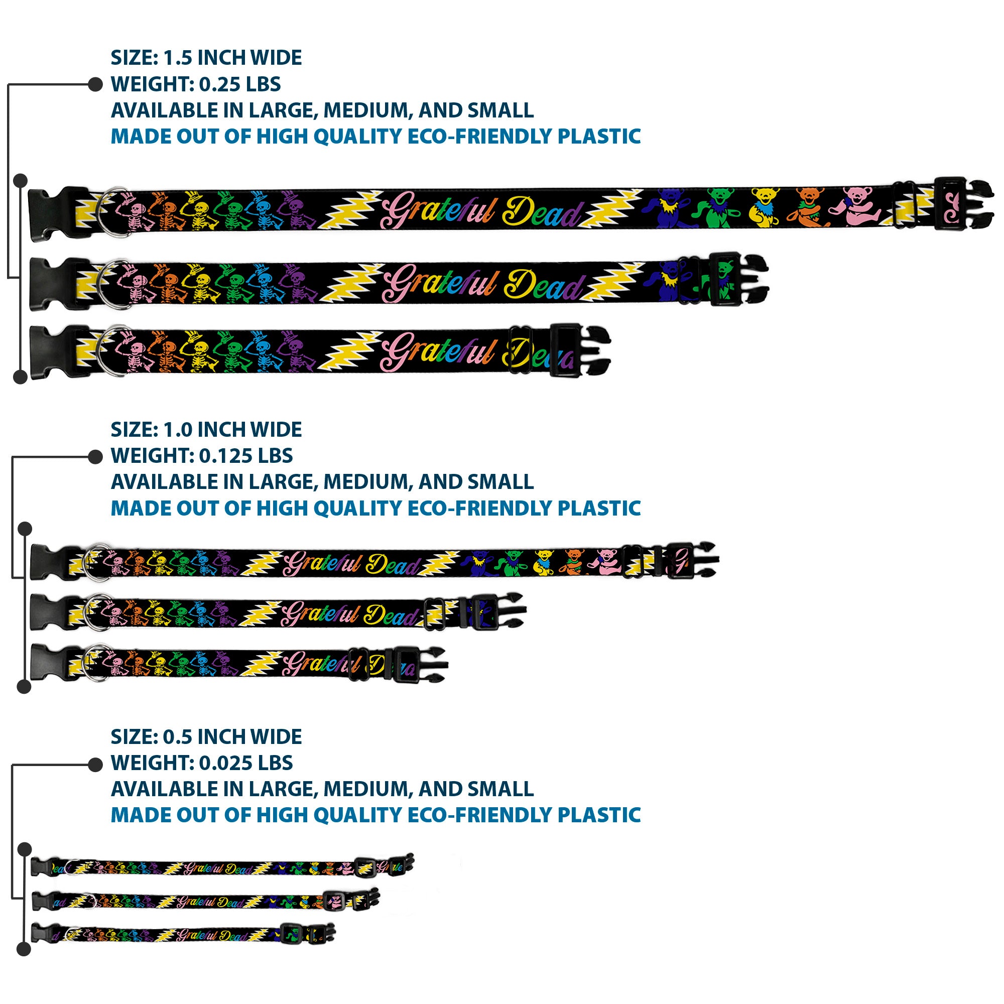 Plastic Clip Collar - Grateful Dead Script w/Bears & Skeletons Black/Multi Color Plastic Clip Collars Grateful Dead