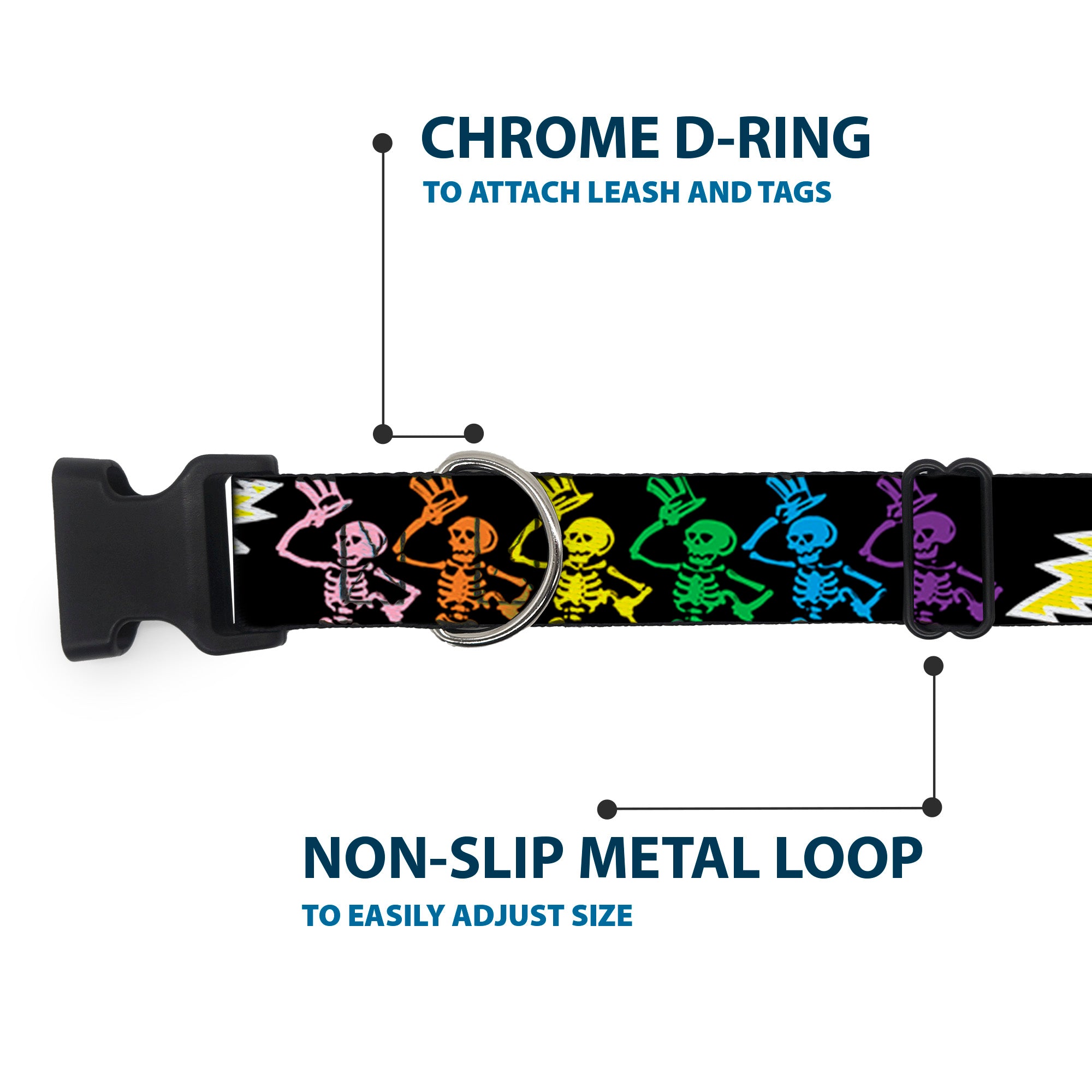 Plastic Clip Collar - Grateful Dead Script w/Bears & Skeletons Black/Multi Color Plastic Clip Collars Grateful Dead