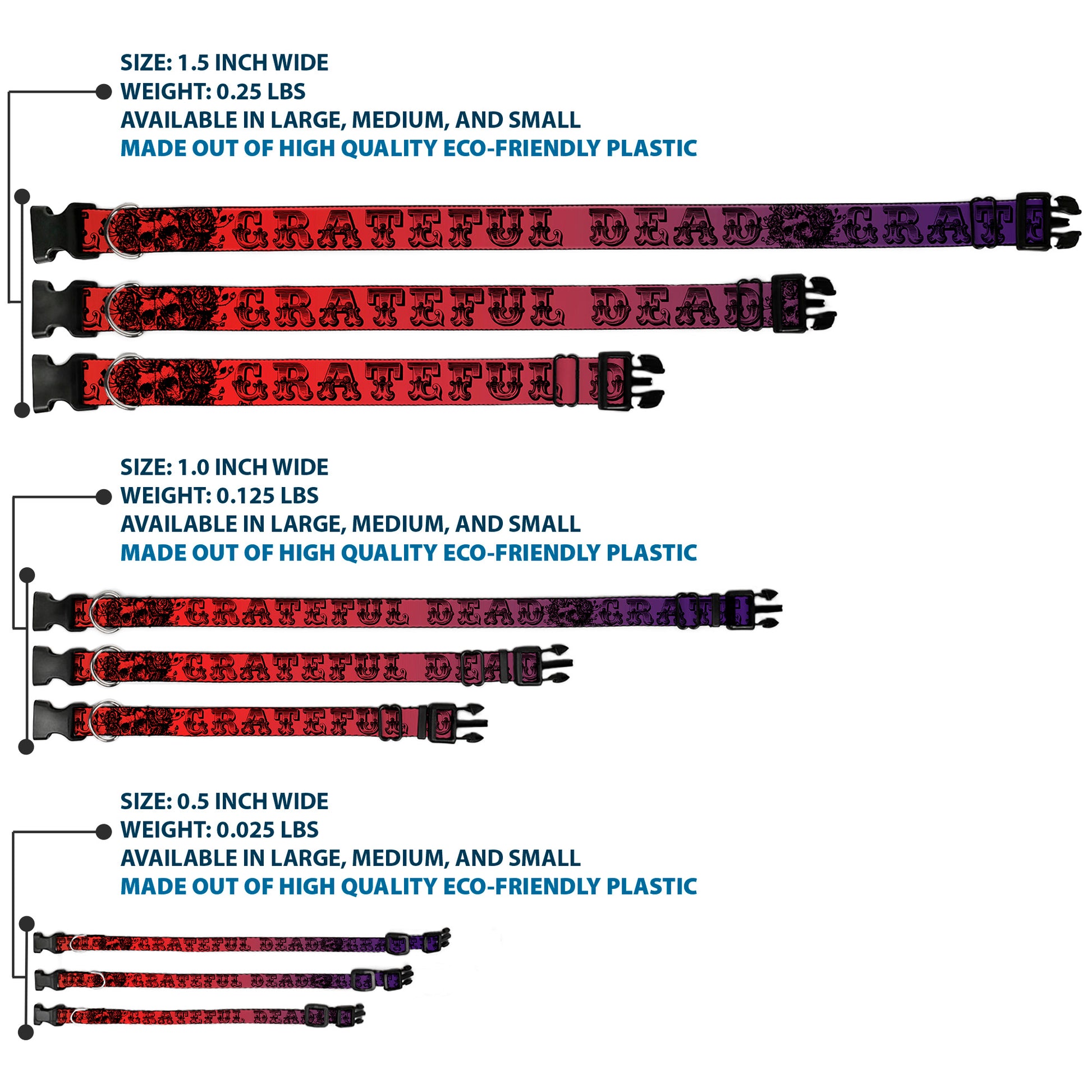 Plastic Clip Collar - Grateful Dead Text w/Skull & Roses Rainbow Fade Plastic Clip Collars Grateful Dead