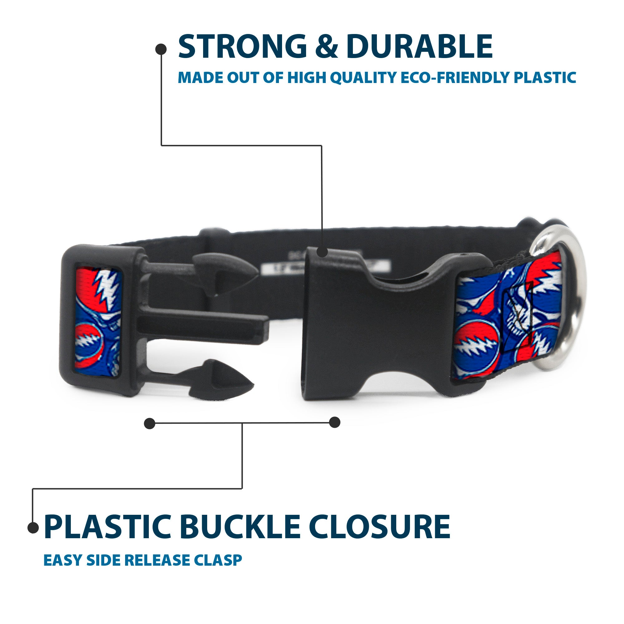 Plastic Clip Collar - Steal Your Face Stacked Red/White/Blue Plastic Clip Collars Grateful Dead