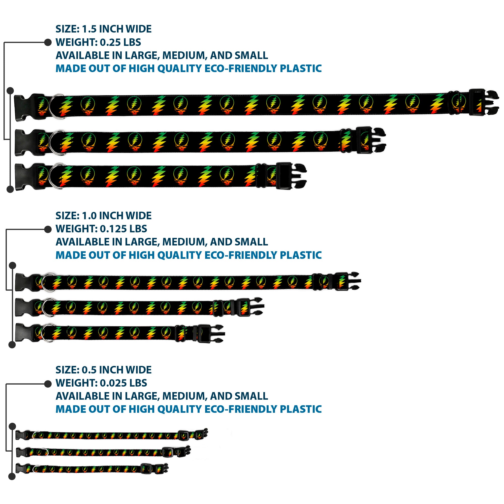 Plastic Clip Collar - Steal Your Face w/Lightning Bolt Repeat Black/Rasta Plastic Clip Collars Grateful Dead