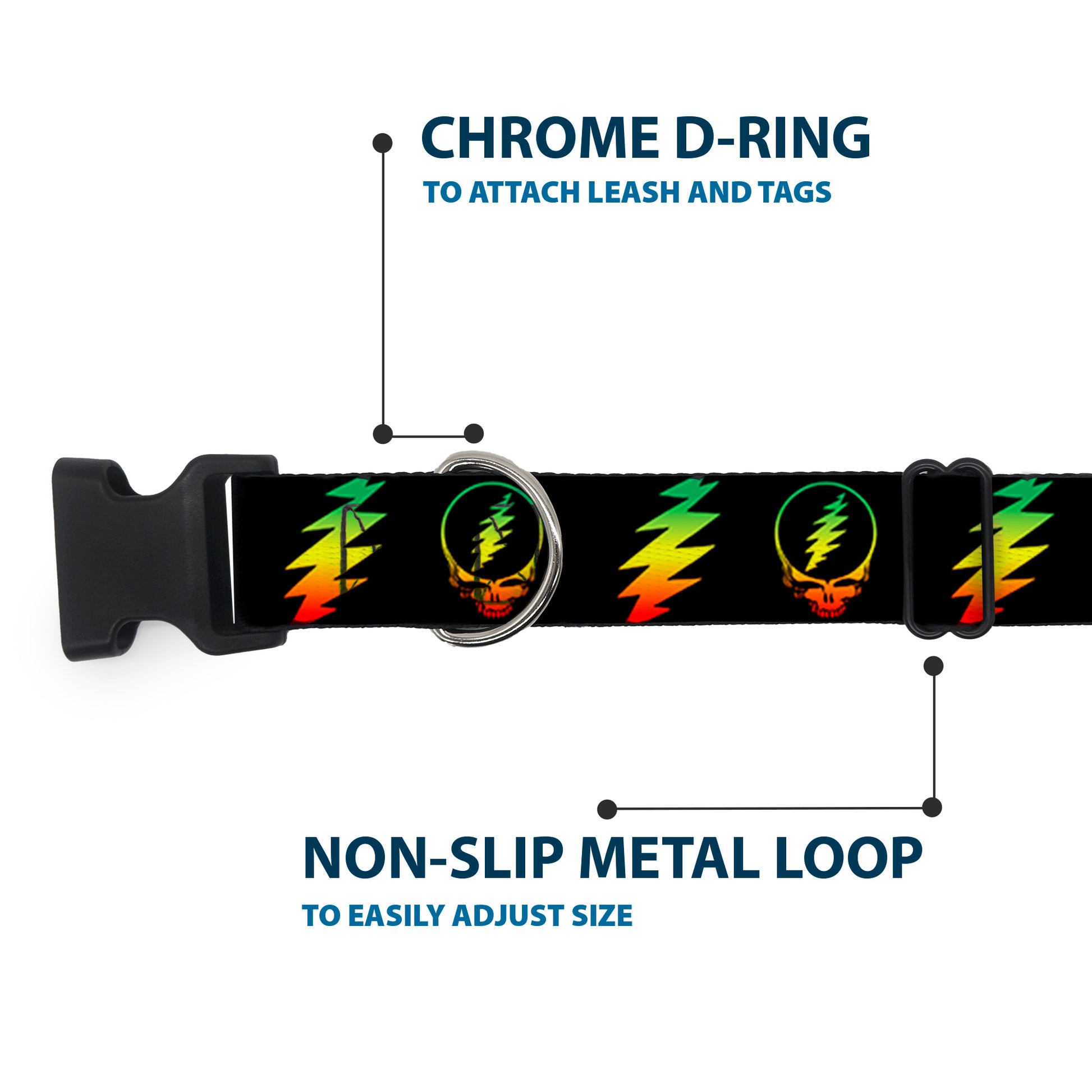 Plastic Clip Collar - Steal Your Face w/Lightning Bolt Repeat Black/Rasta Plastic Clip Collars Grateful Dead