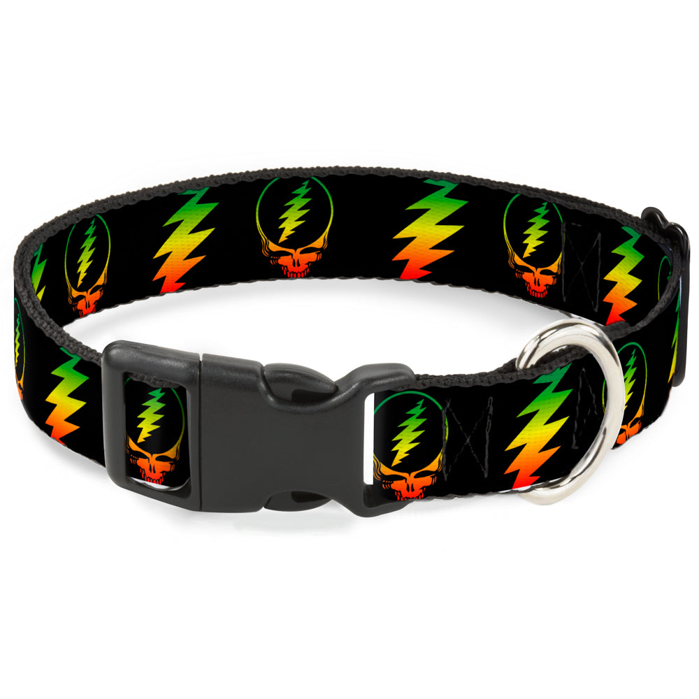 Plastic Clip Collar - Steal Your Face w/Lightning Bolt Repeat Black/Rasta Plastic Clip Collars Grateful Dead