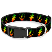 Plastic Clip Collar - Steal Your Face w/Lightning Bolt Repeat Black/Rasta Plastic Clip Collars Grateful Dead