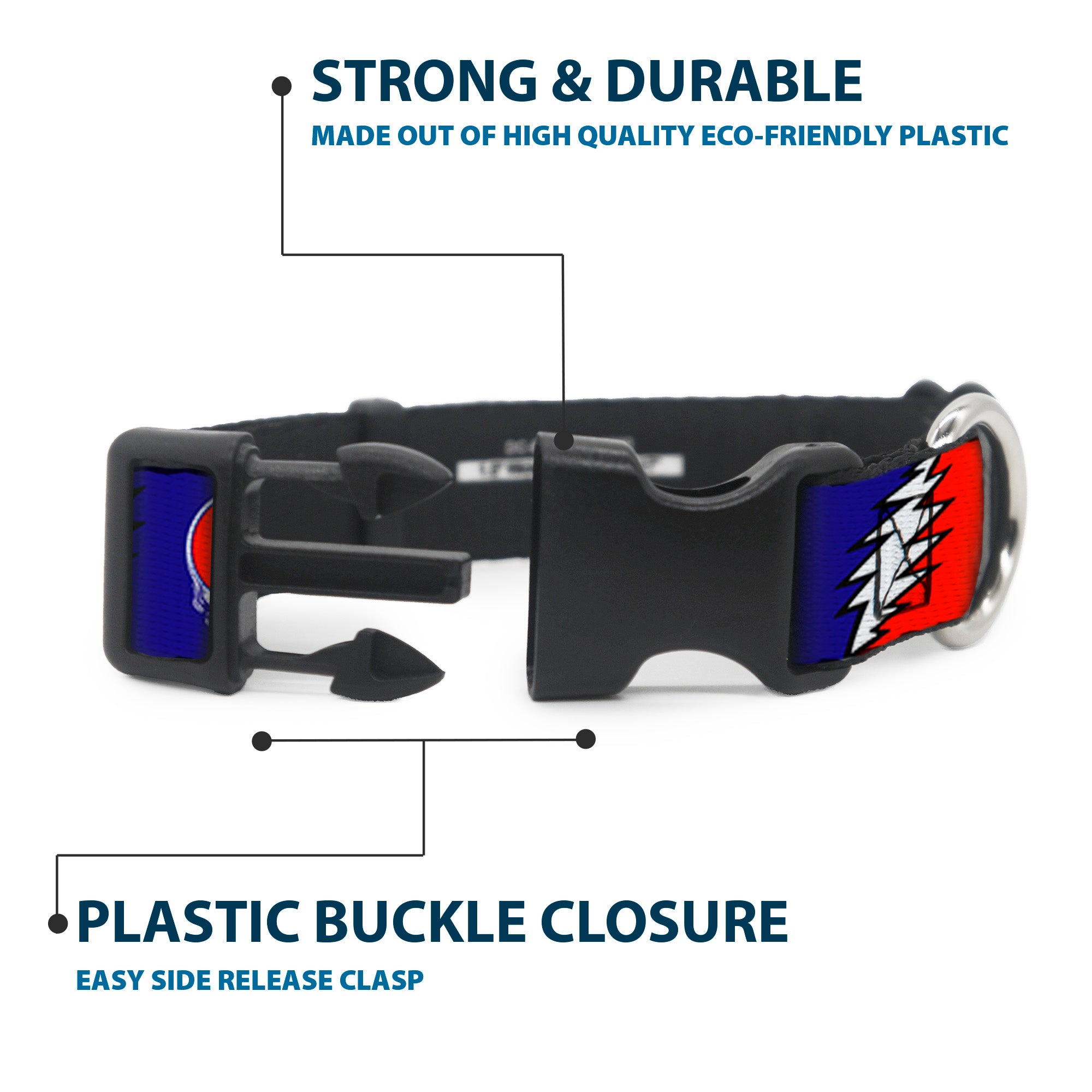Plastic Clip Collar - Steal Your Face w/Lightning Bolt Repeat Red/White/Blue Plastic Clip Collars Grateful Dead