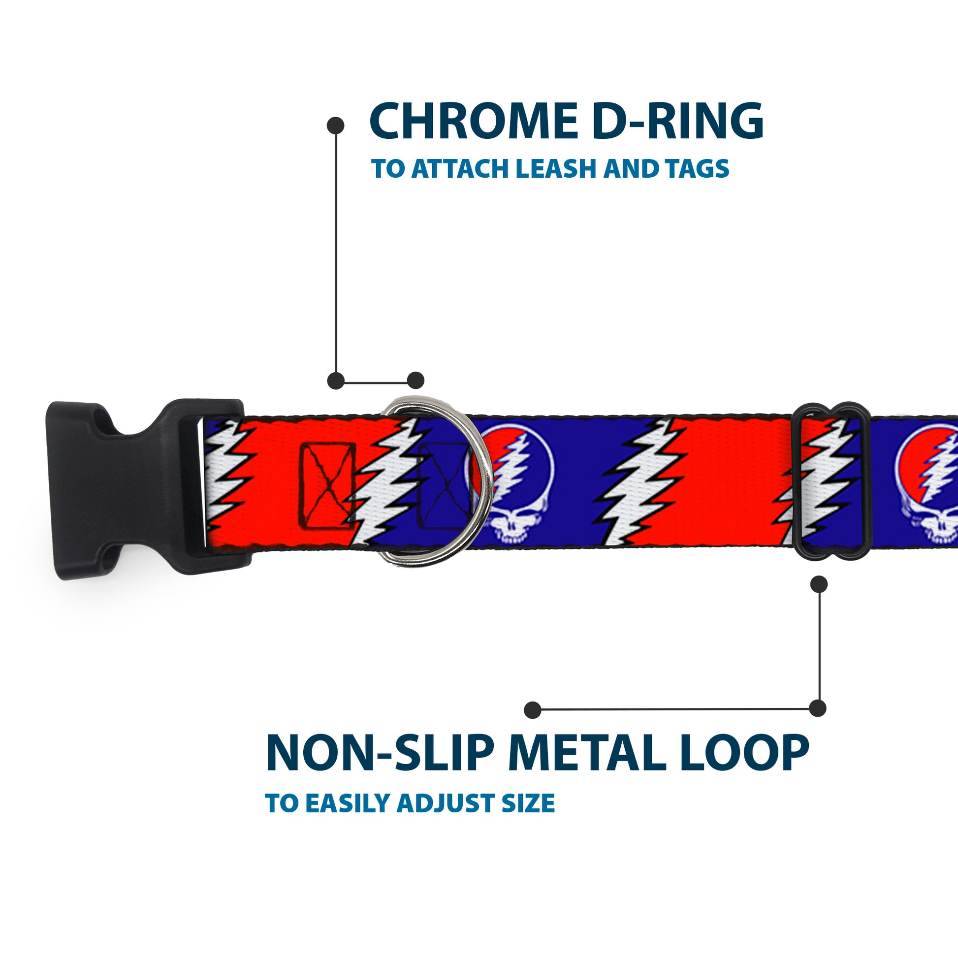 Plastic Clip Collar - Steal Your Face w/Lightning Bolt Repeat Red/White/Blue Plastic Clip Collars Grateful Dead