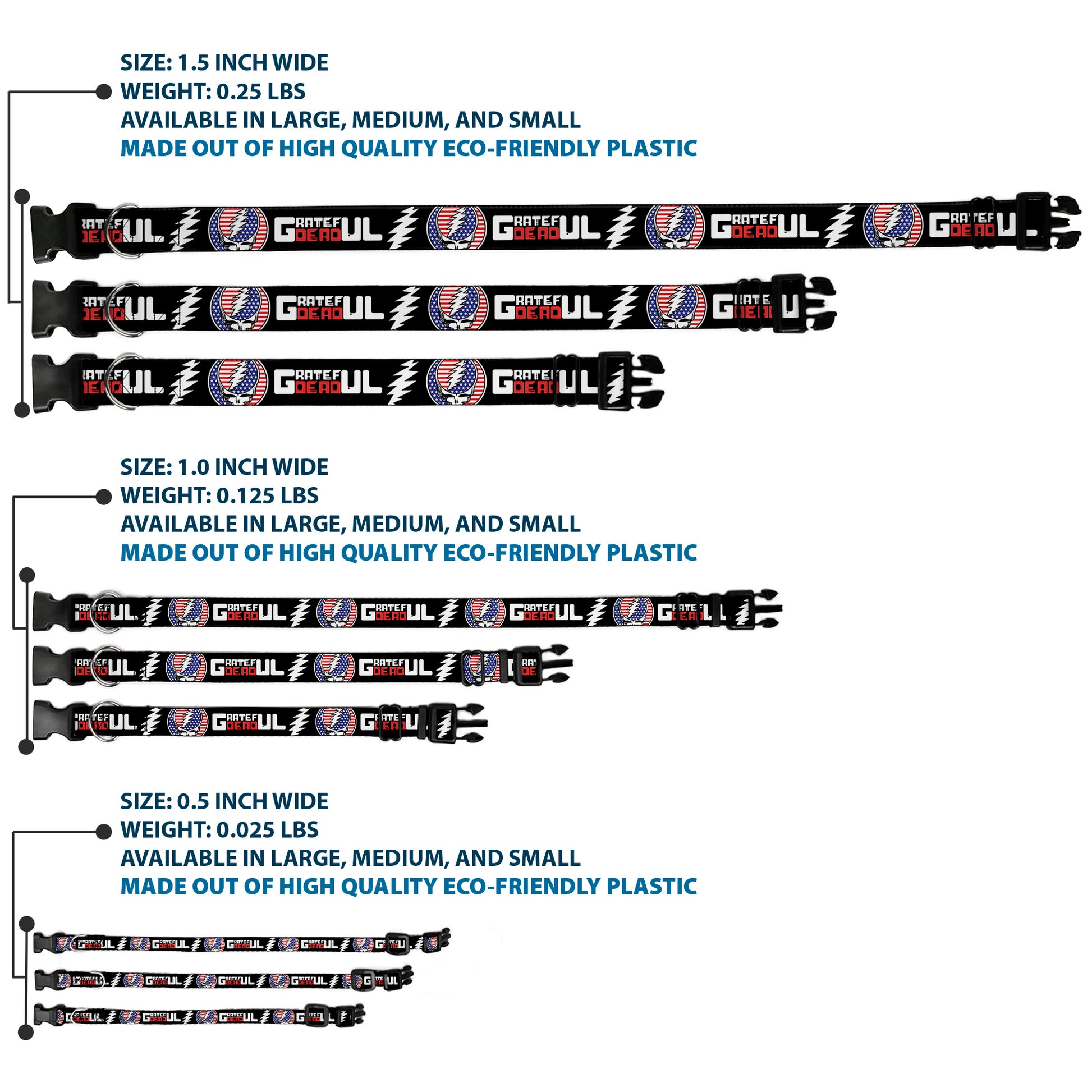 Plastic Clip Collar - GRATEFUL DEAD Text with Steal Your Face Stars and Stripes Logo Black/White/Red/Blue Plastic Clip Collars Grateful Dead