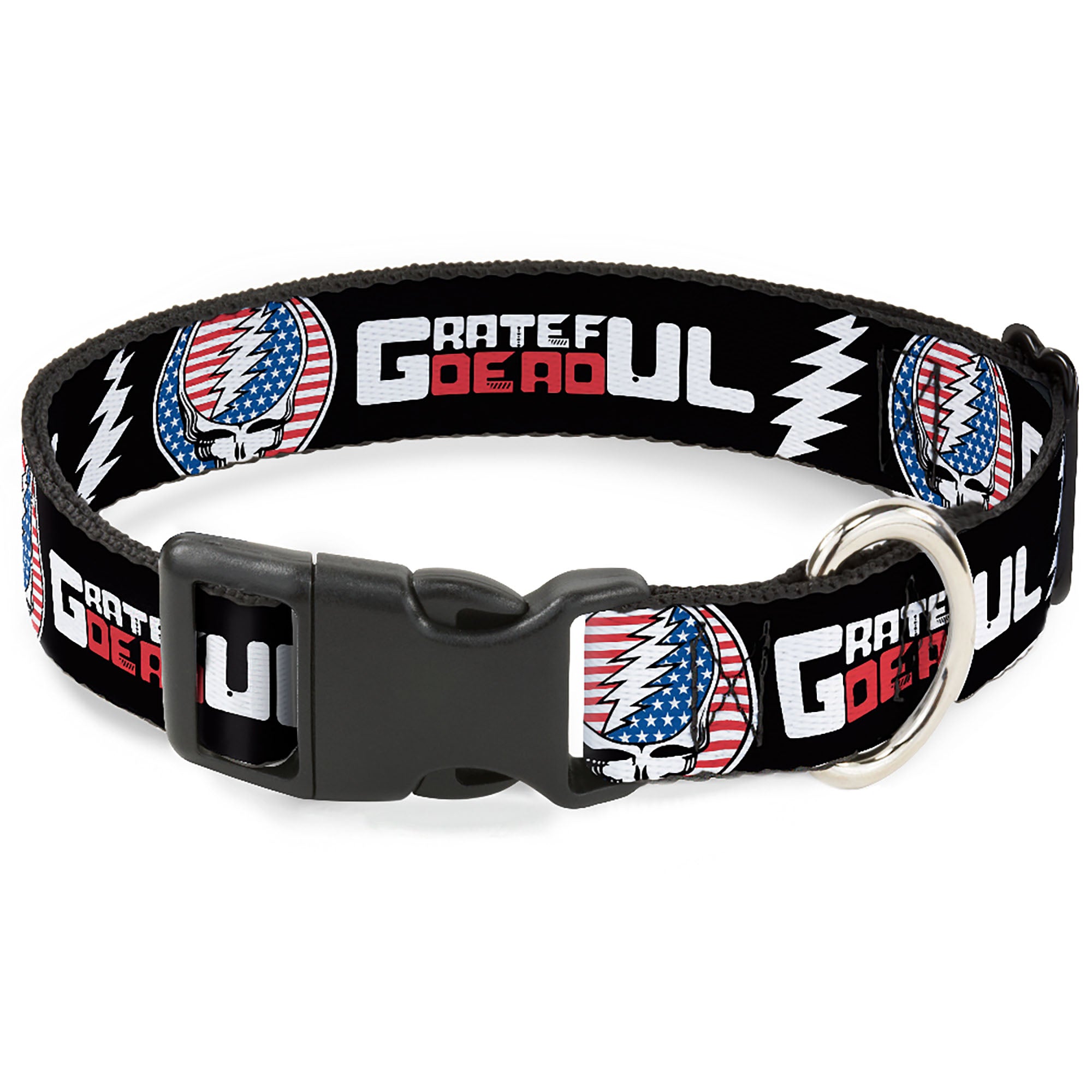 Plastic Clip Collar - GRATEFUL DEAD Text with Steal Your Face Stars and Stripes Logo Black/White/Red/Blue Plastic Clip Collars Grateful Dead