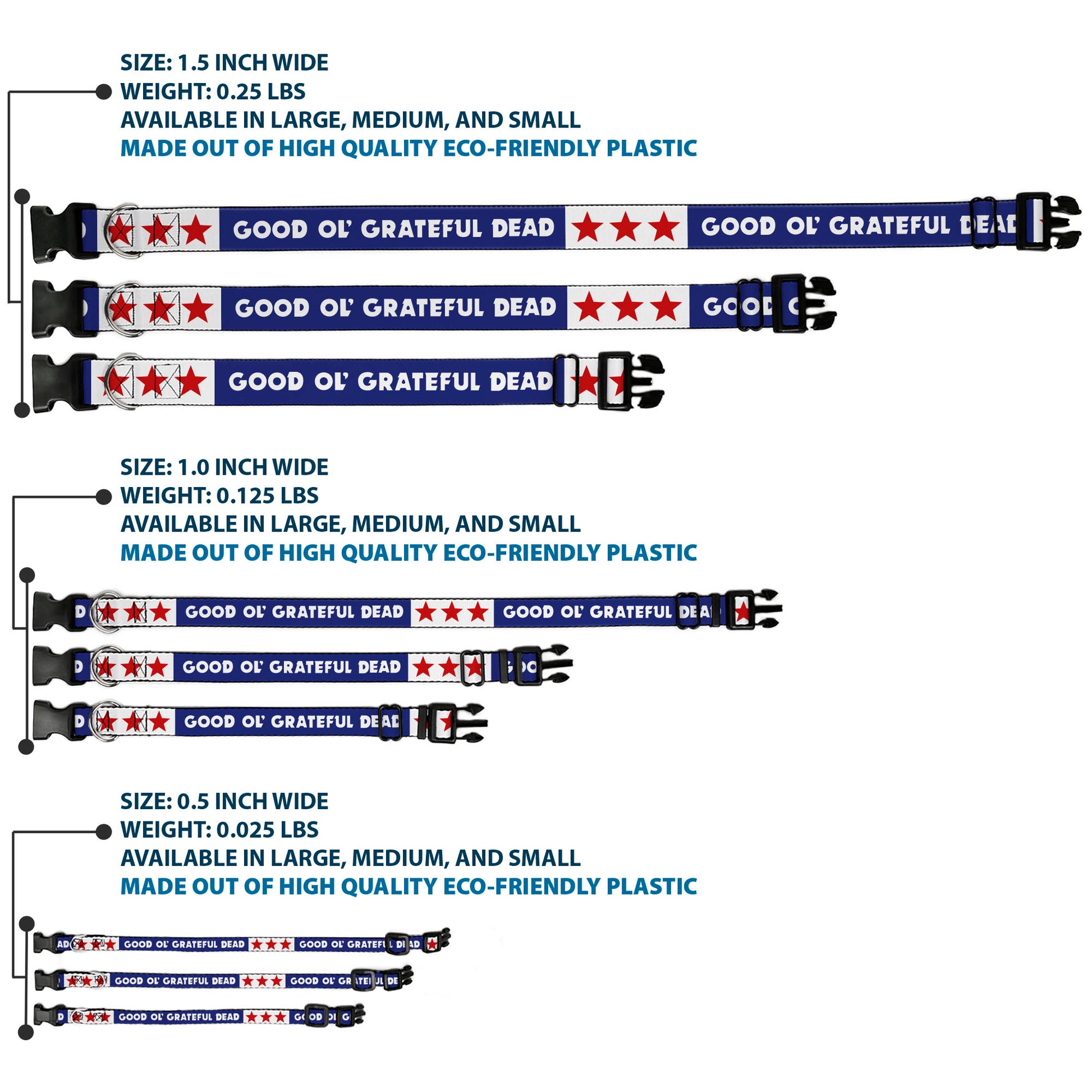 Plastic Clip Collar - GOOD OL' GRATEFUL DEAD Text and Stars Blue/White/Red Plastic Clip Collars Grateful Dead