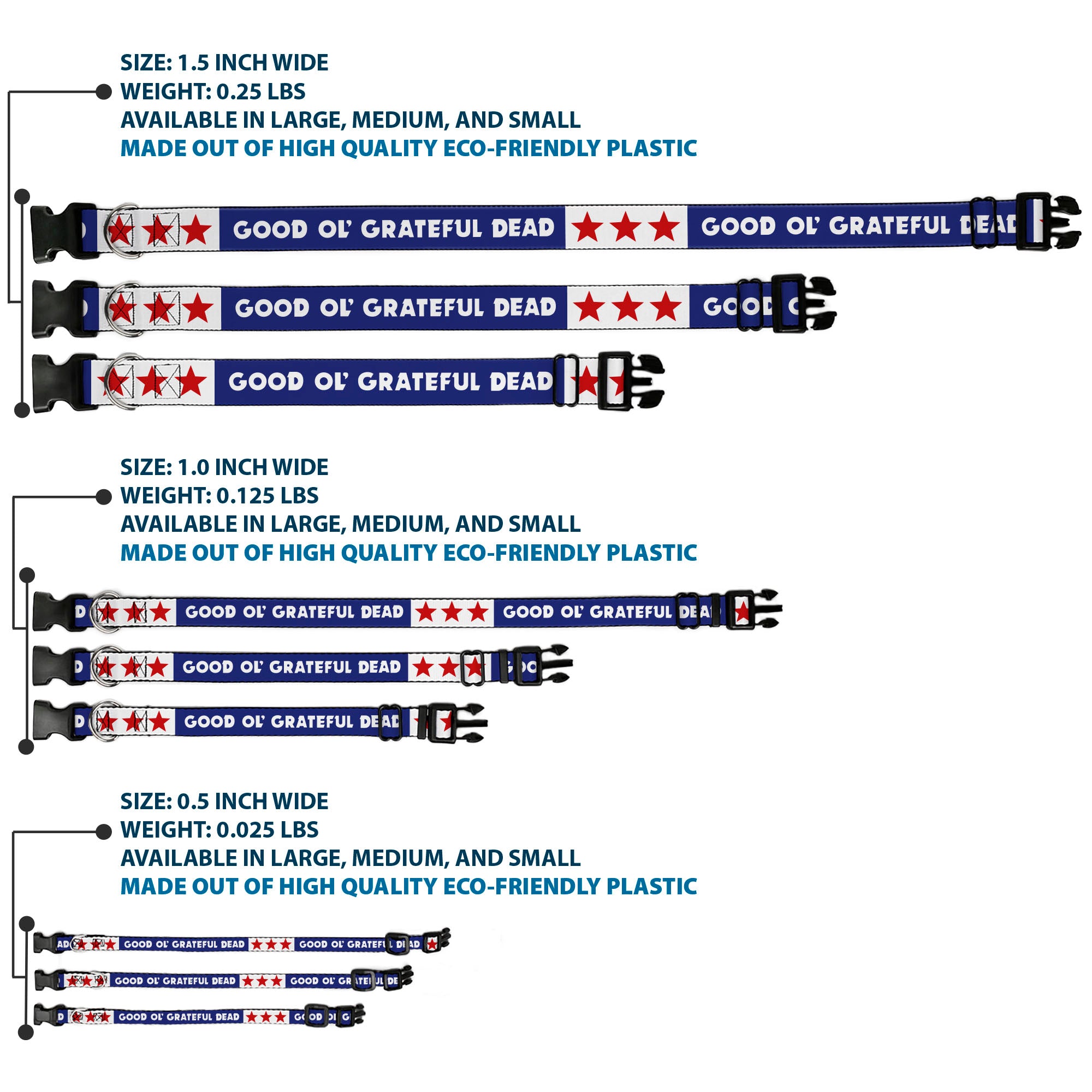 Plastic Clip Collar - GOOD OL' GRATEFUL DEAD Text and Stars Blue/White/Red Plastic Clip Collars Grateful Dead