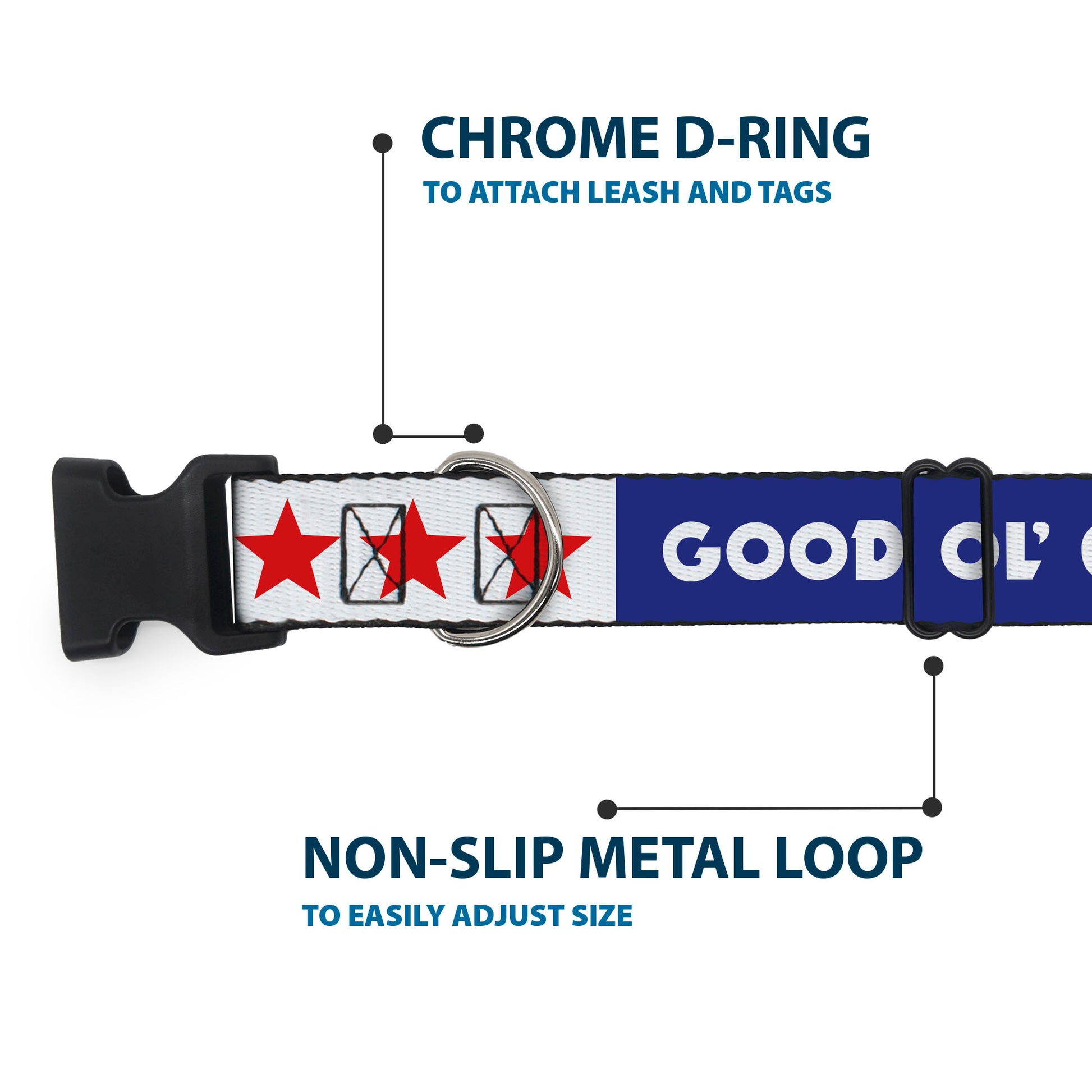 Plastic Clip Collar - GOOD OL' GRATEFUL DEAD Text and Stars Blue/White/Red Plastic Clip Collars Grateful Dead