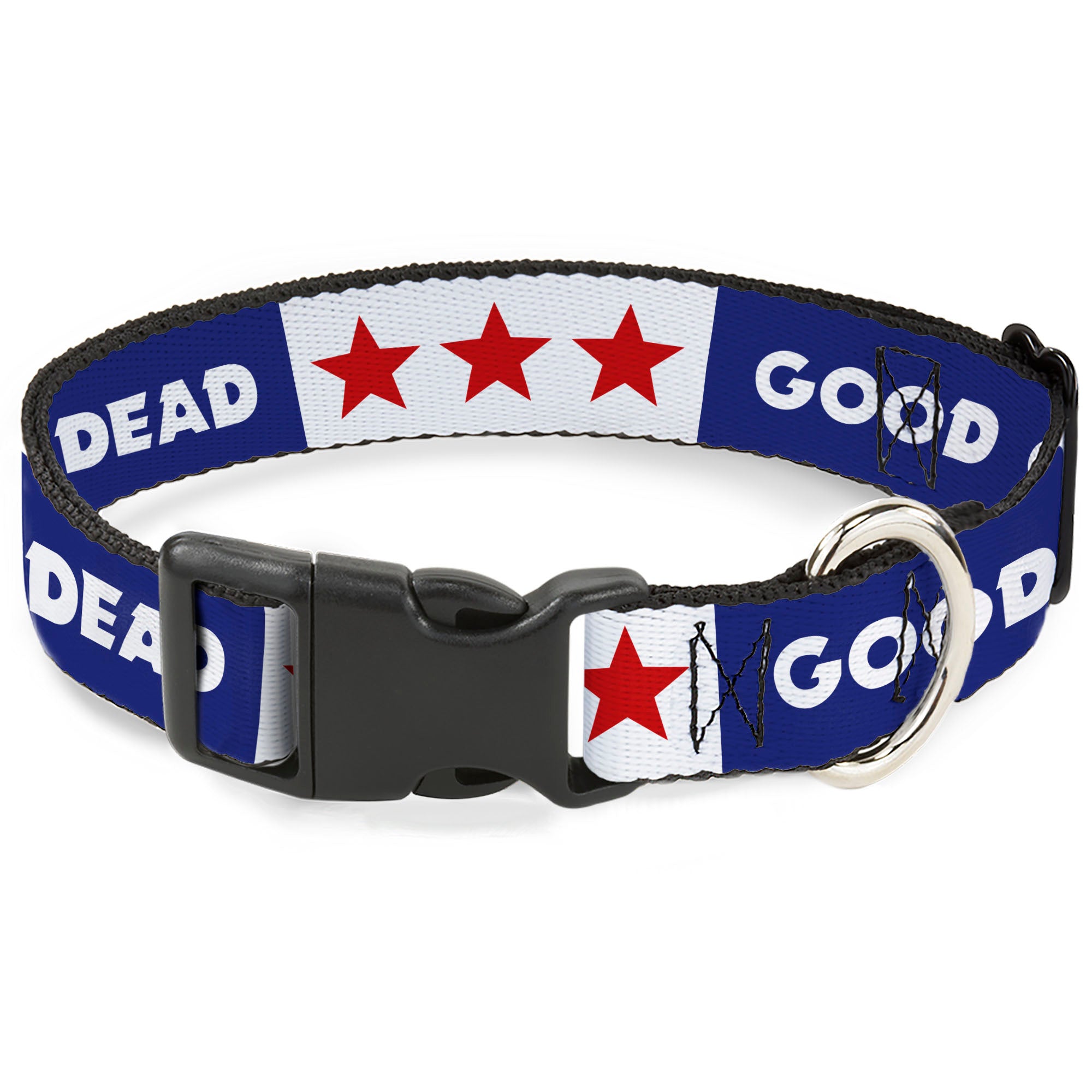 Plastic Clip Collar - GOOD OL' GRATEFUL DEAD Text and Stars Blue/White/Red Plastic Clip Collars Grateful Dead
