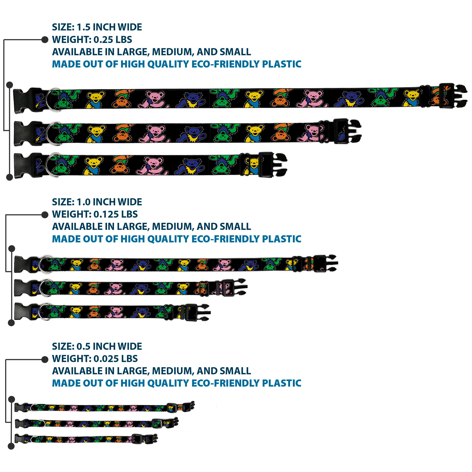 Plastic Clip Collar - Grateful Dead Dancing Bears Close-Up Black/Multi Color Plastic Clip Collars Grateful Dead