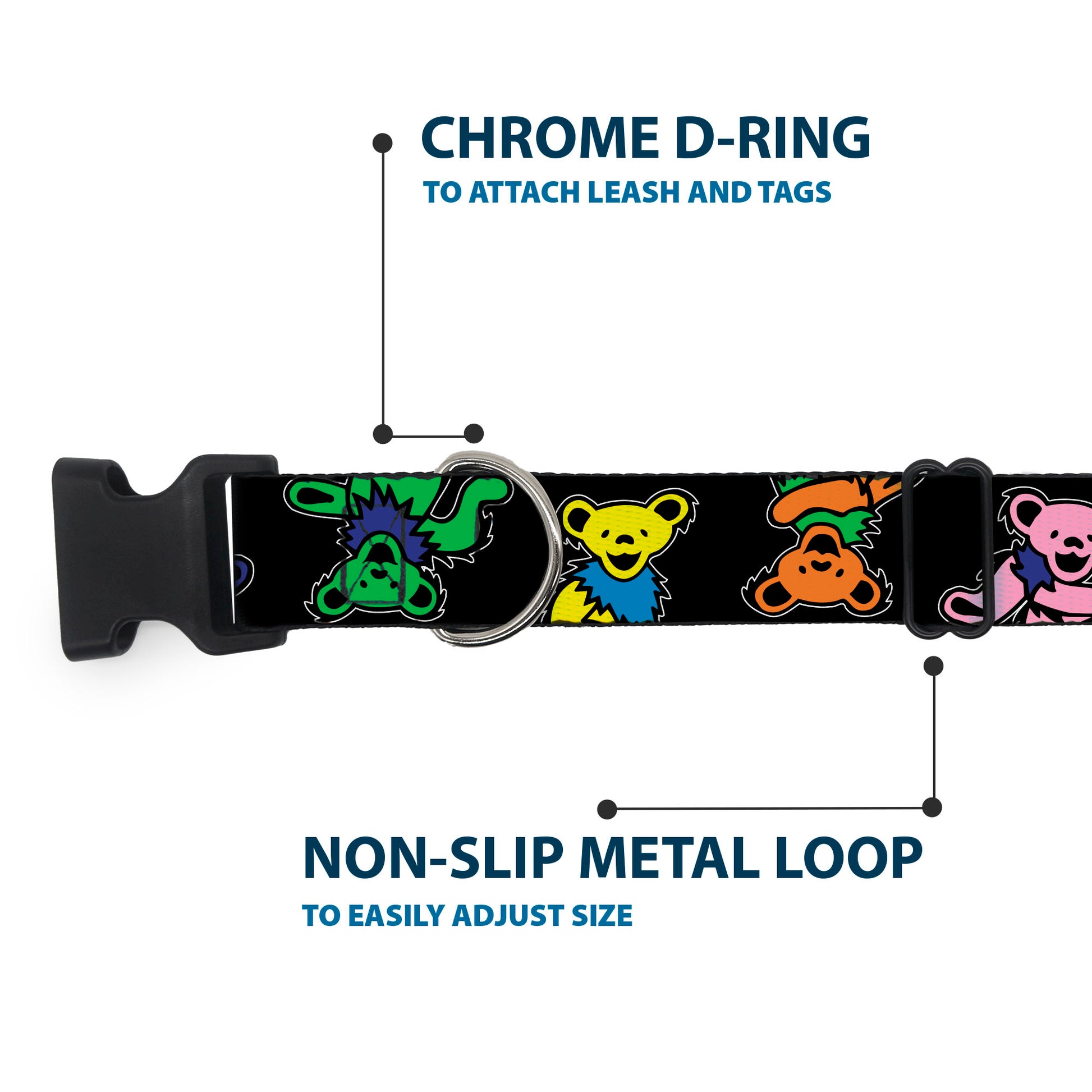 Plastic Clip Collar - Grateful Dead Dancing Bears Close-Up Black/Multi Color Plastic Clip Collars Grateful Dead