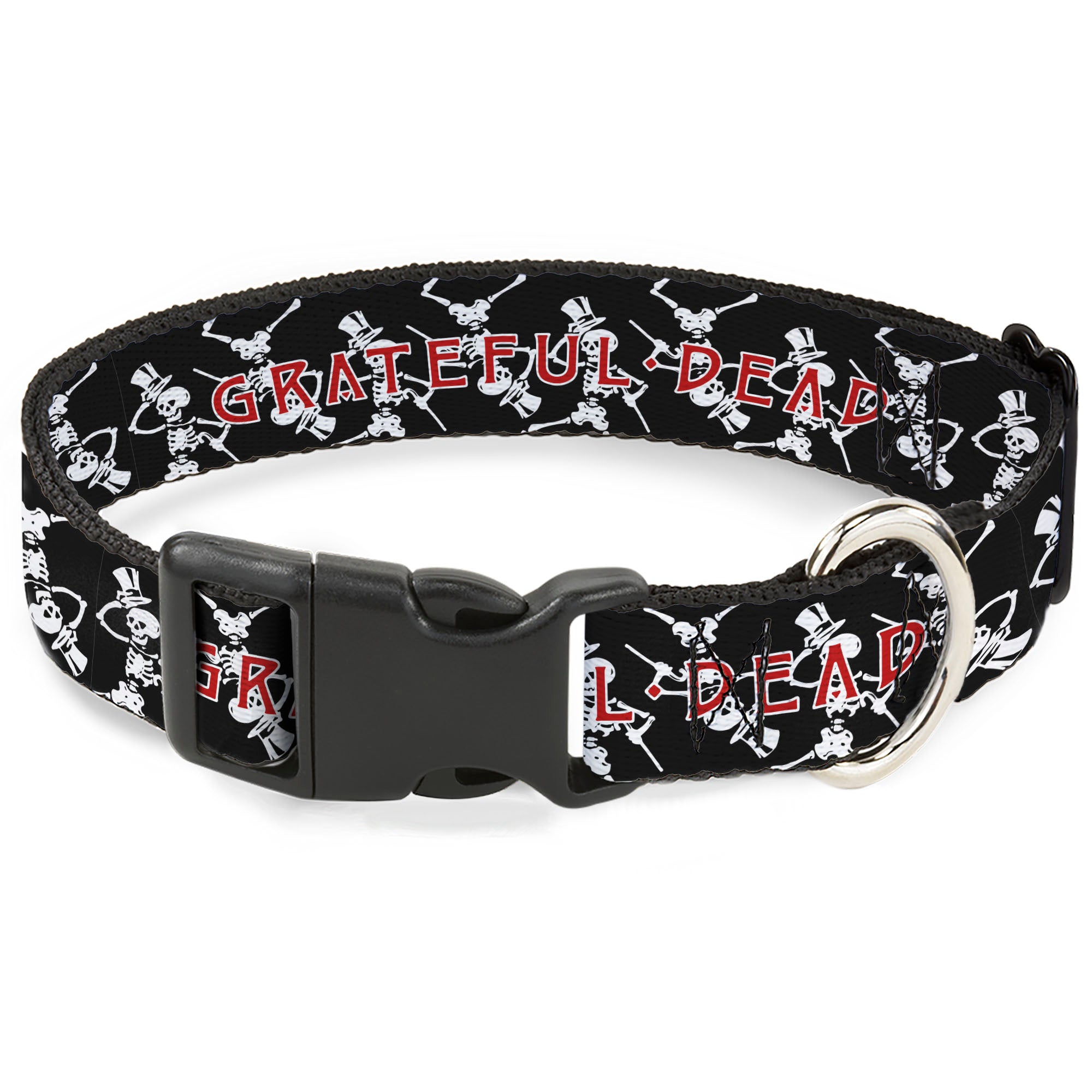 Plastic Clip Collar - GRATEFUL DEAD Dancing Skeletons and Text Black/White/Red Plastic Clip Collars Grateful Dead