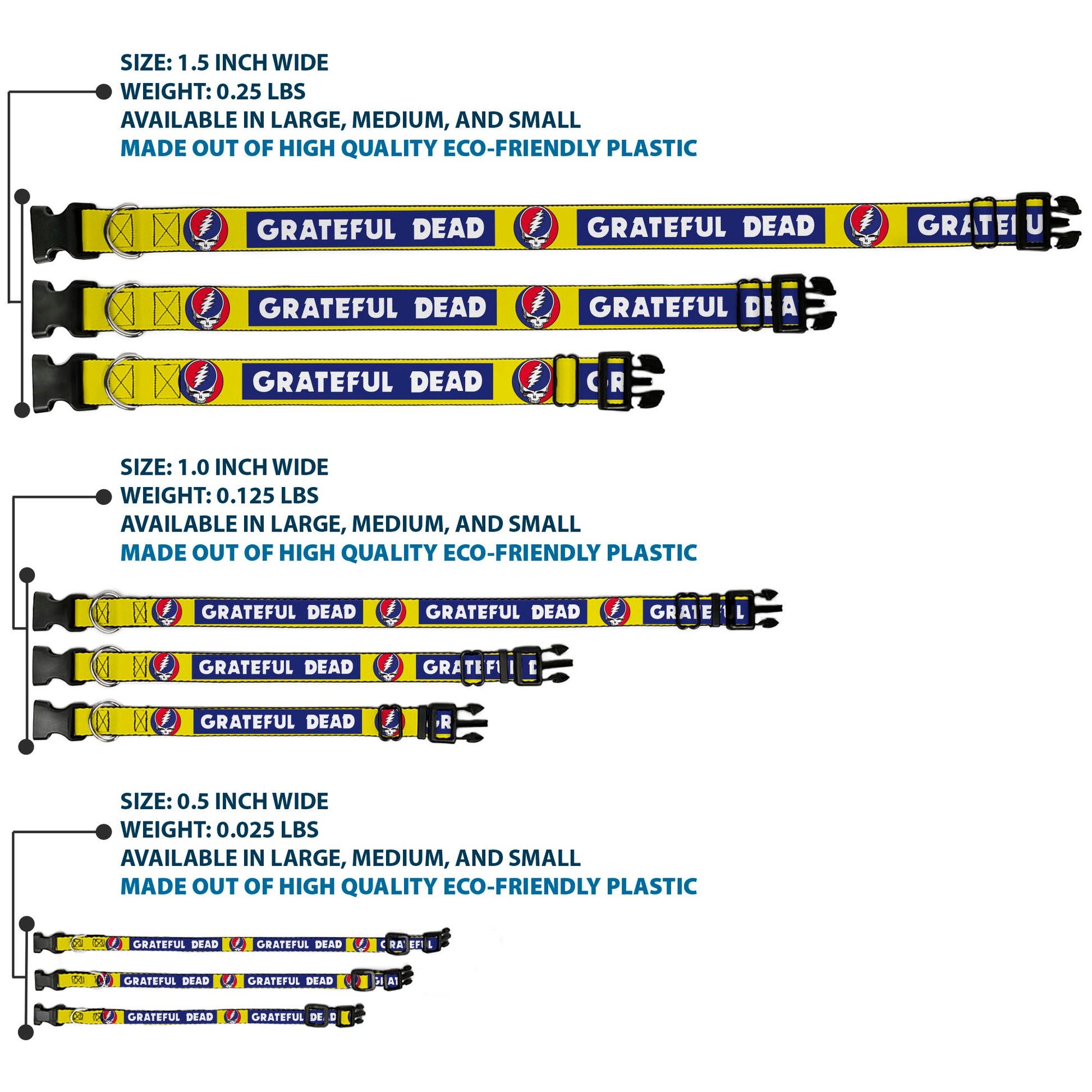 Plastic Clip Collar - GRATEFUL DEAD Text Box and Steal Your Face Logo Yellow/Blue/White Plastic Clip Collars Grateful Dead