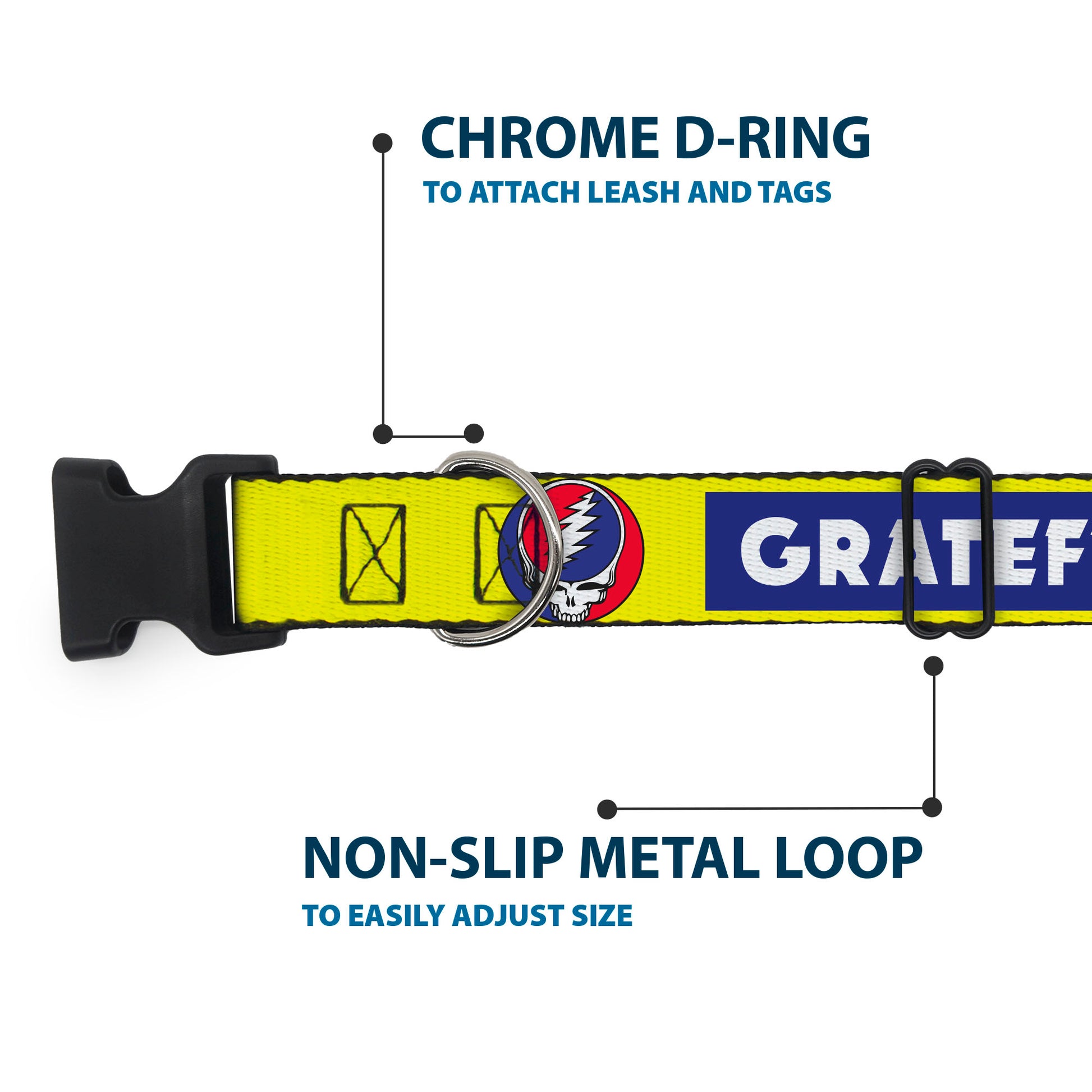 Plastic Clip Collar - GRATEFUL DEAD Text Box and Steal Your Face Logo Yellow/Blue/White Plastic Clip Collars Grateful Dead