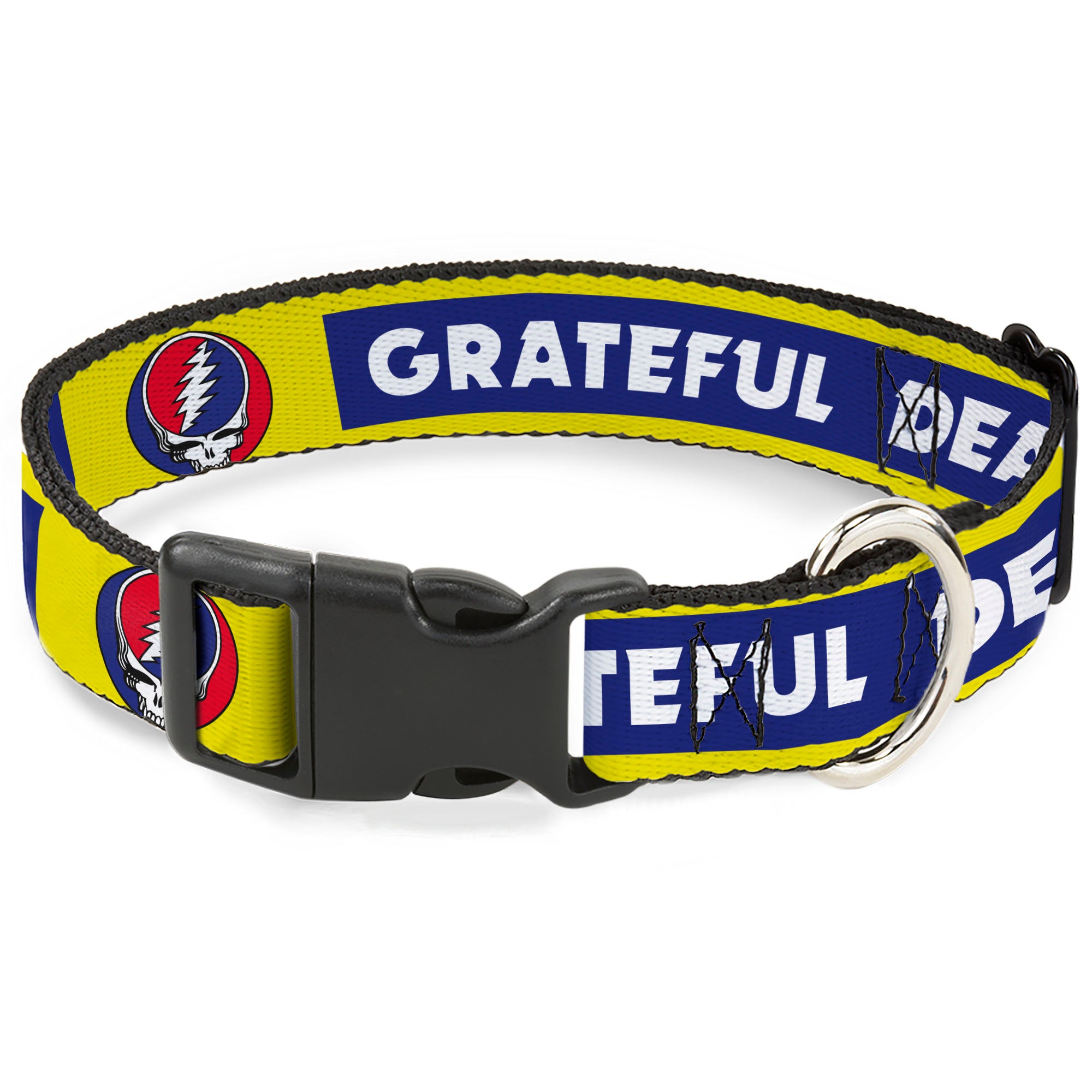 Plastic Clip Collar - GRATEFUL DEAD Text Box and Steal Your Face Logo Yellow/Blue/White Plastic Clip Collars Grateful Dead