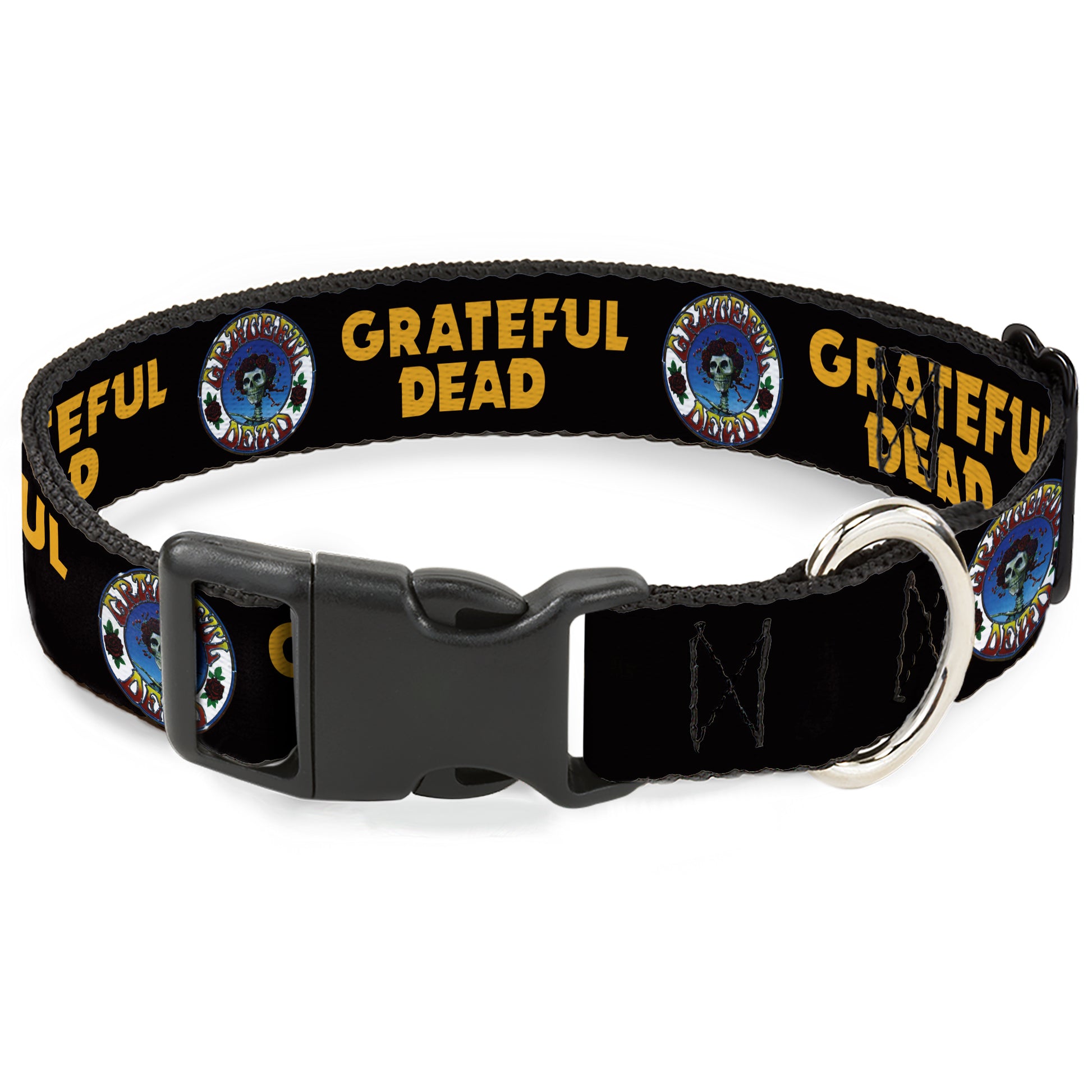 Plastic Clip Collar - GRATEFUL DEAD Text and Skull and Roses Round Logo Black/Yellow Plastic Clip Collars Grateful Dead