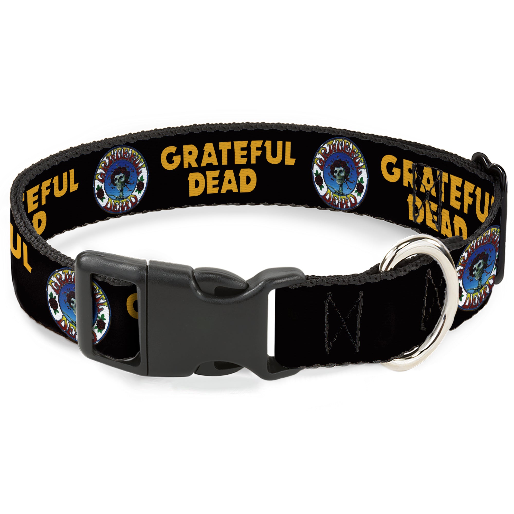 Plastic Clip Collar - GRATEFUL DEAD Text and Skull and Roses Round Logo Black/Yellow Plastic Clip Collars Grateful Dead