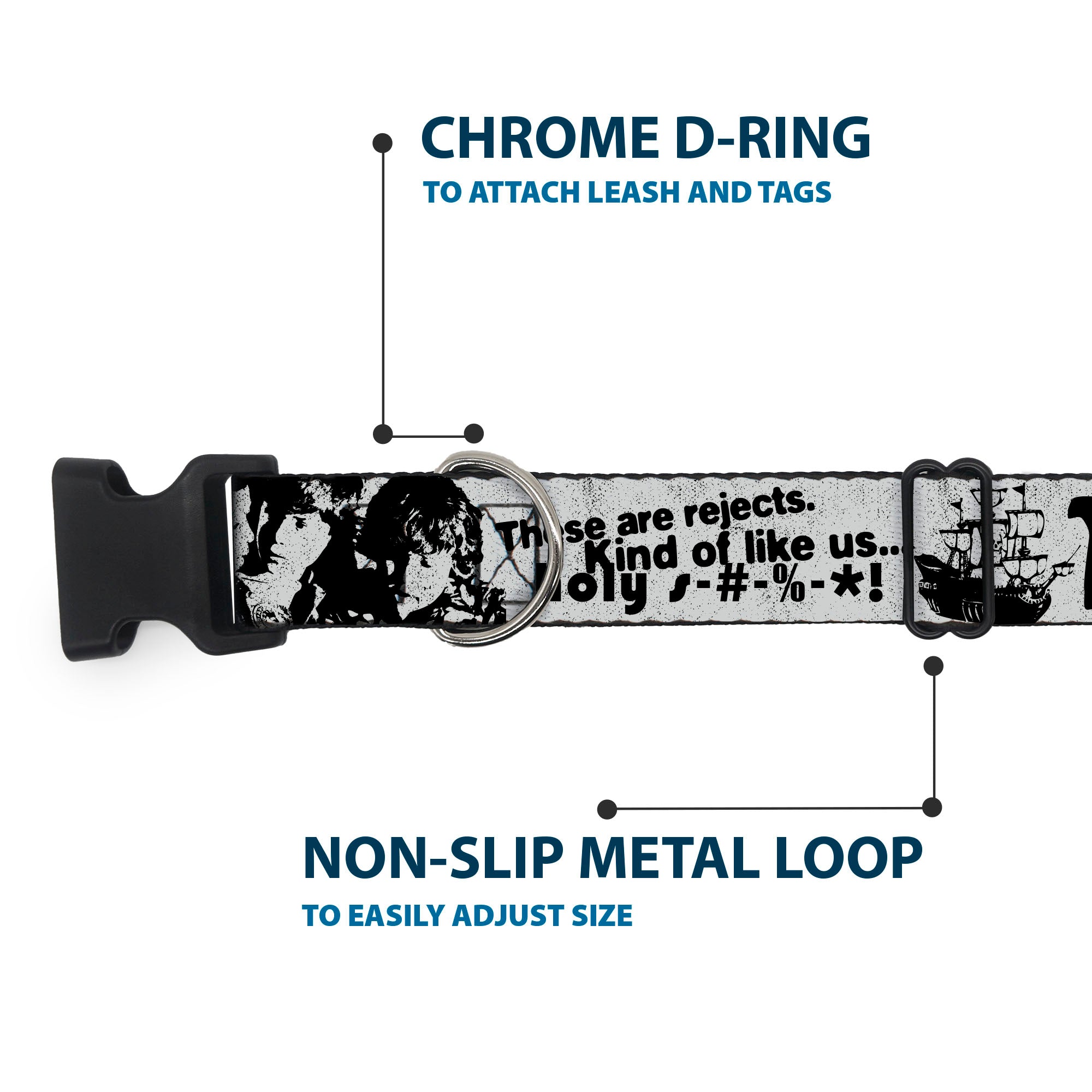 Plastic Clip Collar - THE GOONIES Quotes and Icons Collage Gray/Black Plastic Clip Collars The Goonies