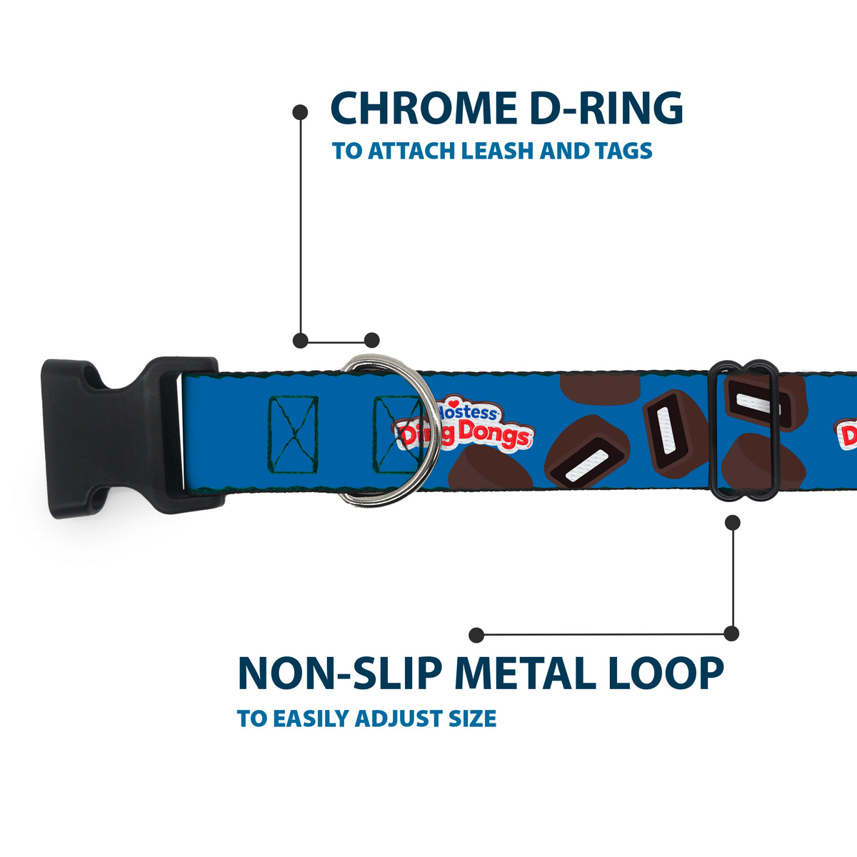 Plastic Clip Collar - HOSTESS DING DONGS Cakes Scattered Navy Blue Dog Collars Plastic Clip Side Release Hostess Brands