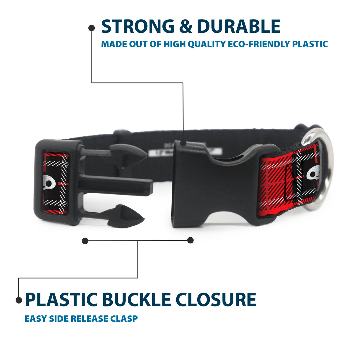 Plastic Clip Collar - Skelanimals Face Logo Plaid Red/Black/White Dog Collars Plastic Clip Side Release Skelanimals