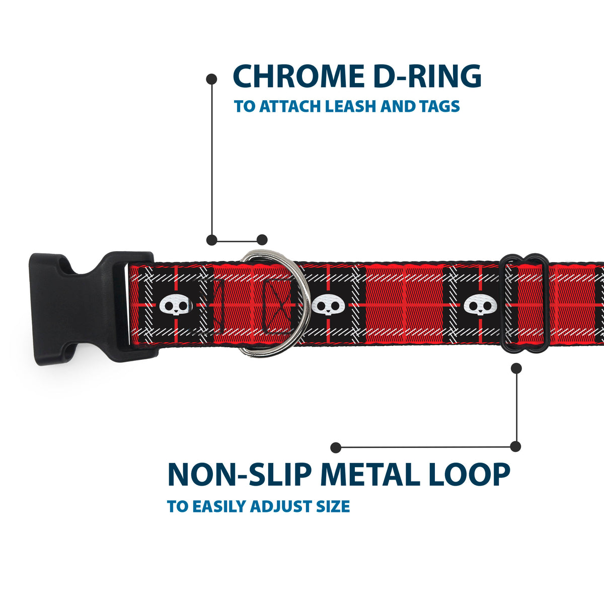 Plastic Clip Collar - Skelanimals Face Logo Plaid Red/Black/White Dog Collars Plastic Clip Side Release Skelanimals