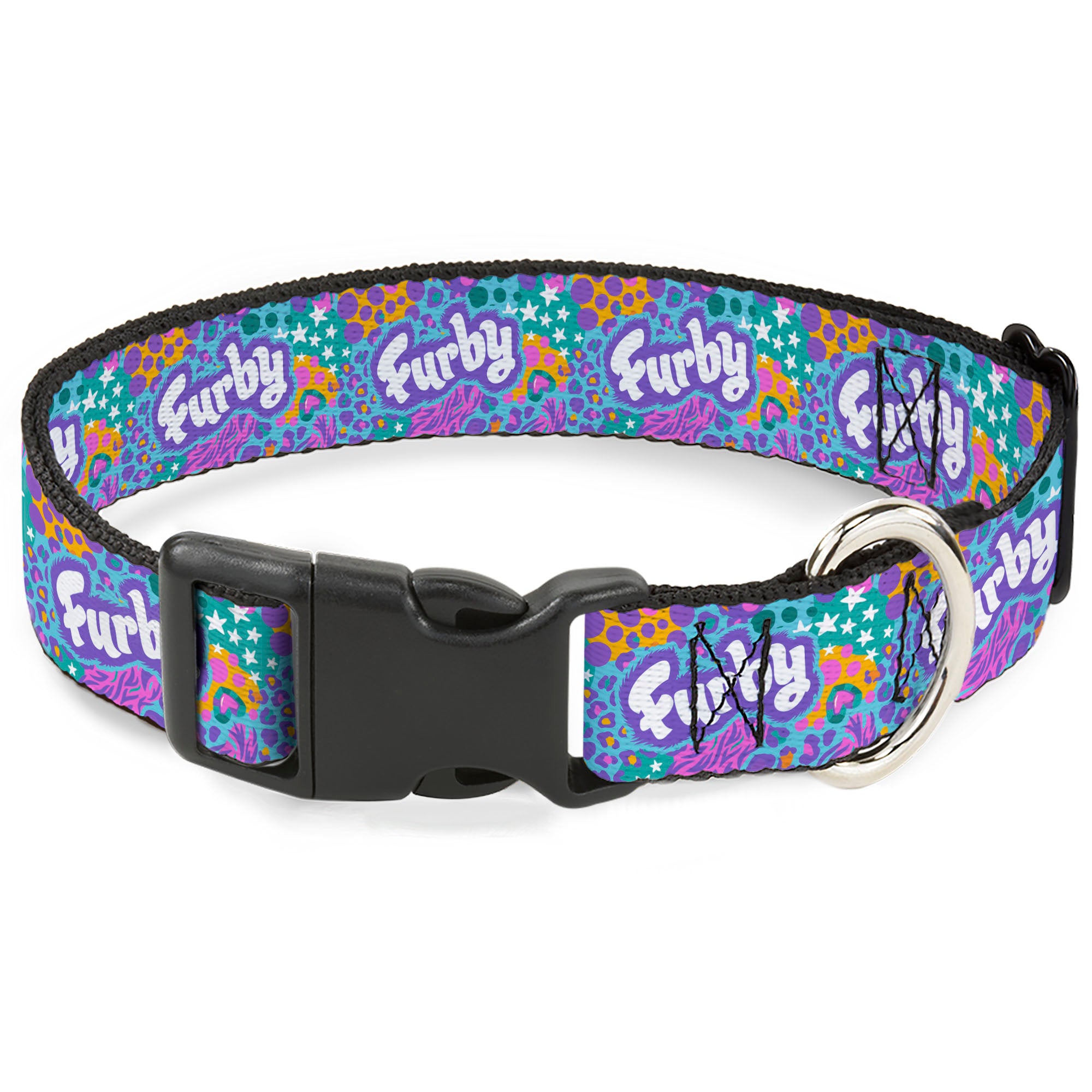 Plastic Clip Collar - FURBY Title Logo and Fur Prints Collage Multi Color/White